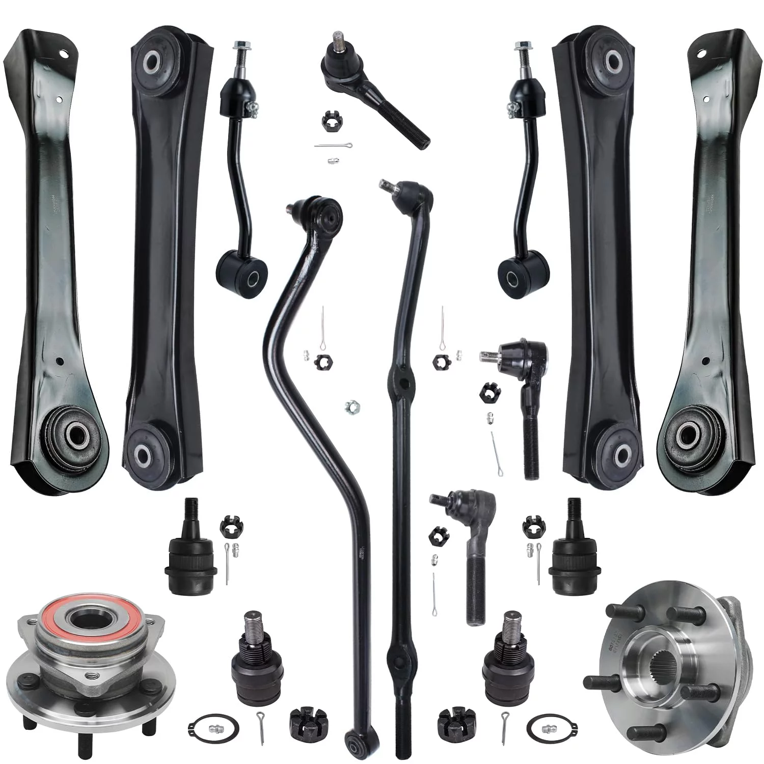 Detroit Axle - 4WD Front Upper Lower Control Arms + Wheel Bearings & Hubs + Outer Tie Rods + Ball Joints + Sway Bars + Track Bar Replacement for 2000-2006 Jeep Wrangler TJ - 17pc Set