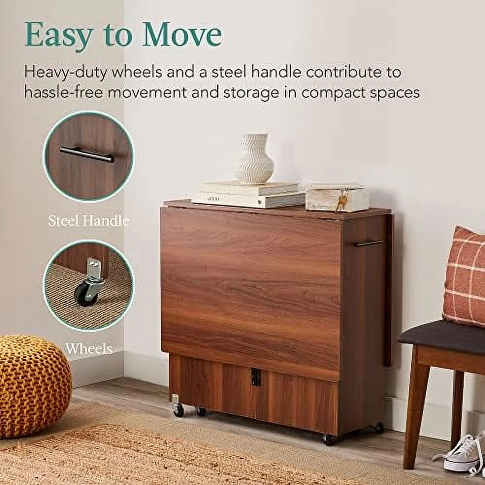 HYHBIBOOM Folding Dining Table  Multipurpose Collapsible Drop Leaf Extension  Versatile Space Saving Desk  w/Wheels  3  Shelves  Metal Handle - Brown