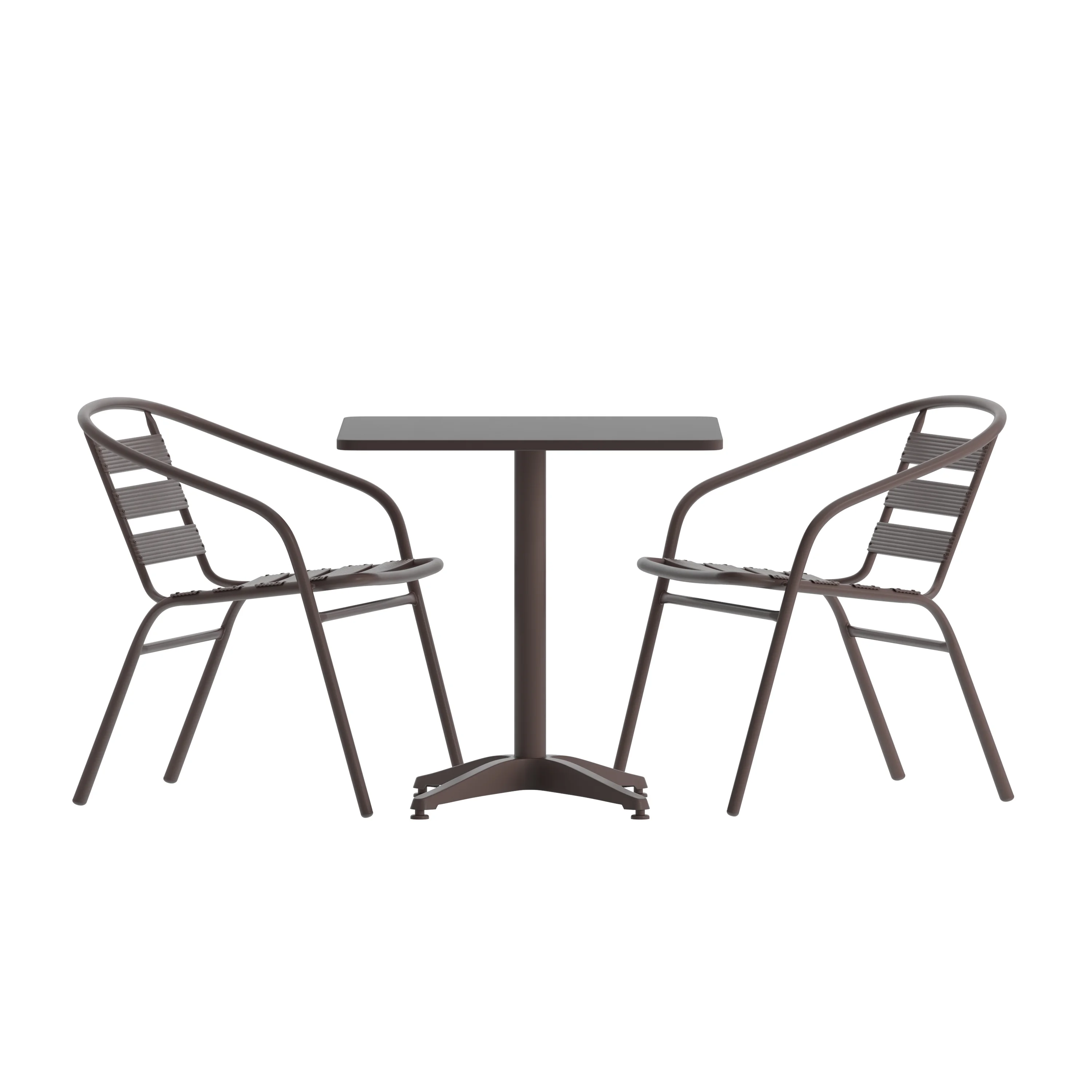 BizChair 23.5'' Bronze Square Aluminum Indoor-Outdoor Table Set with 2 Bronze Slat Back Chairs
