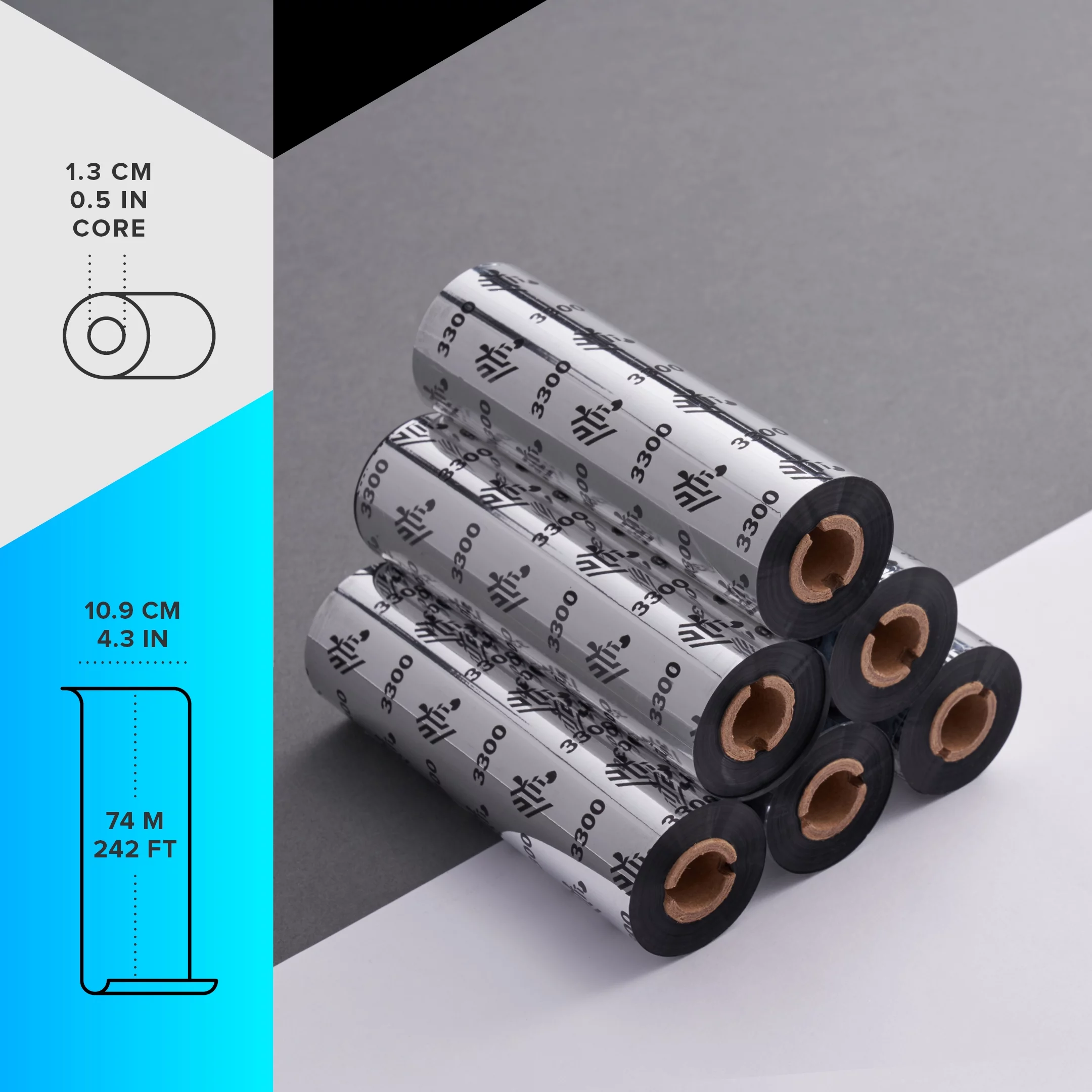 Zebra High-Performance Black Wax/Resin Ribbon for Thermal Transfer Desktop Printers 242 ft x 4.33 in - 0.5 in Core - 6 Rolls