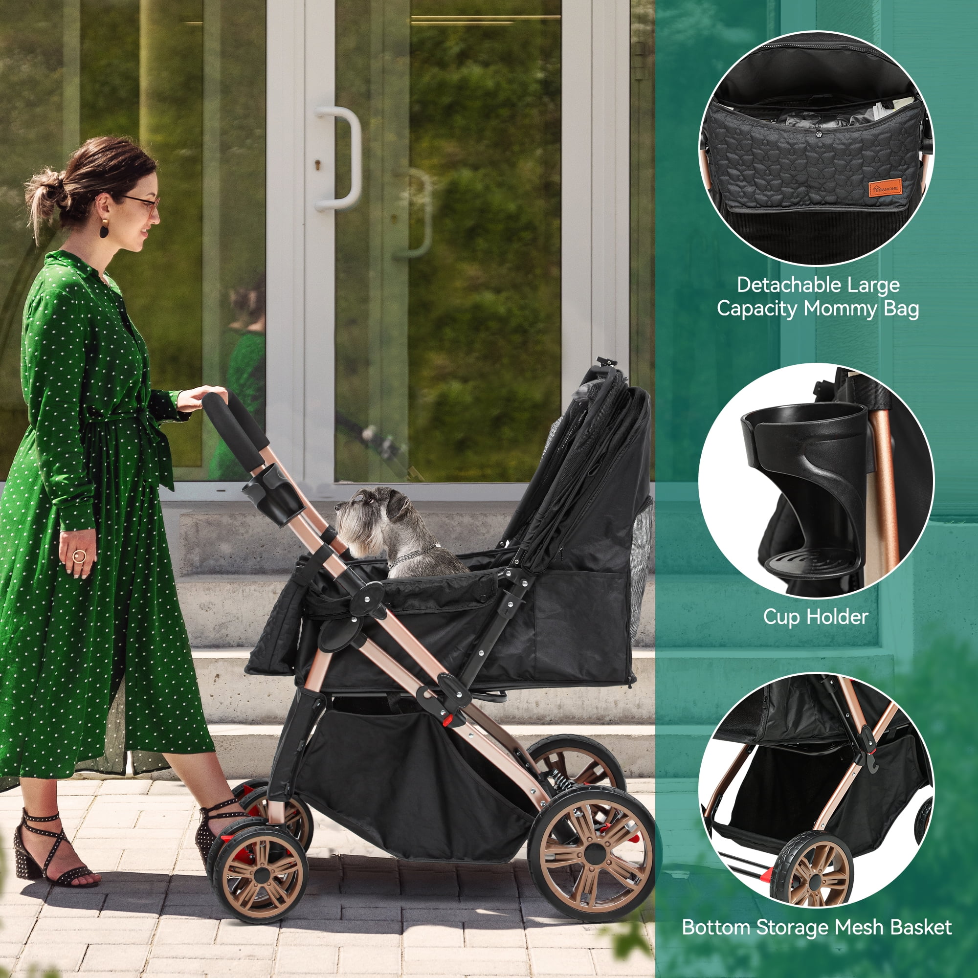 Dextrus Dog Stroller for Medium Small Dogs, Upgraded Version with Larger Room, Foldable Pet Stroller with 360° Rotation Wheel, Cat Kitty Puppy Stroller with Storage Basket (Black)