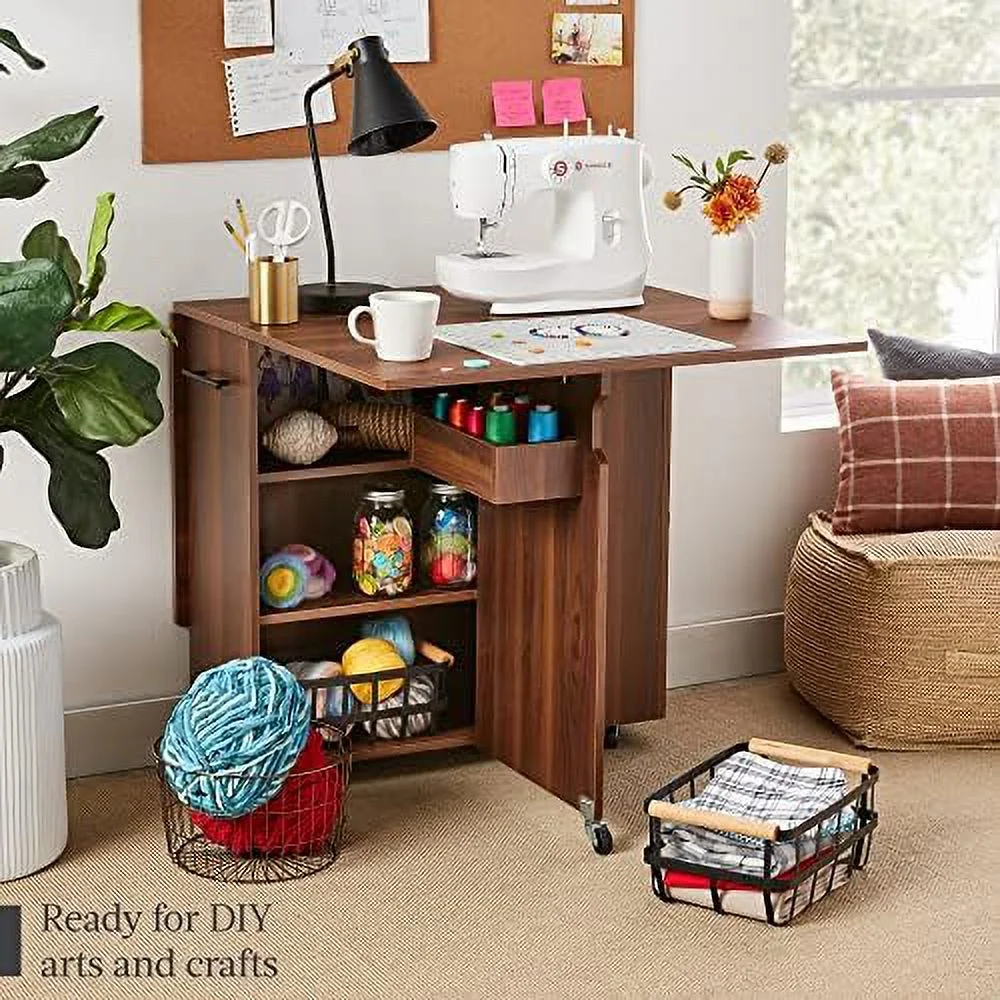 HYHBIBOOM Folding Dining Table  Multipurpose Collapsible Drop Leaf Extension  Versatile Space Saving Desk  w/Wheels  3  Shelves  Metal Handle - Brown