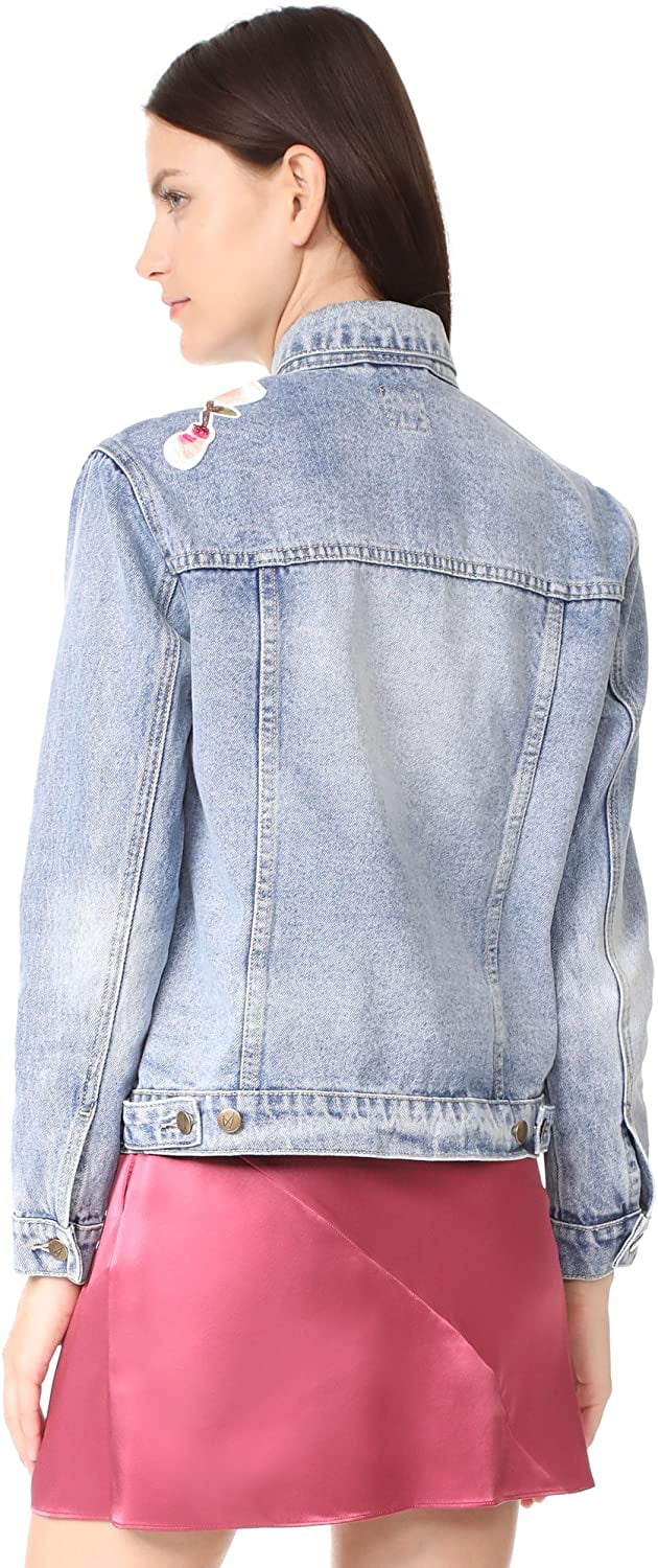 MinkPink Womens Patched Denim Jacket, Blue, Large