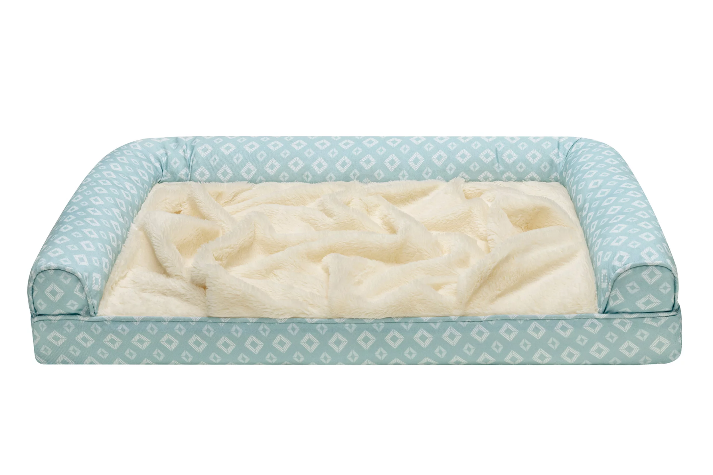 FurHaven Pet Products Plush Fur & Diamond Print Nest-Top Orthopedic Sofa-Style Pet Bed for Dogs & Cats - Aqua, Medium