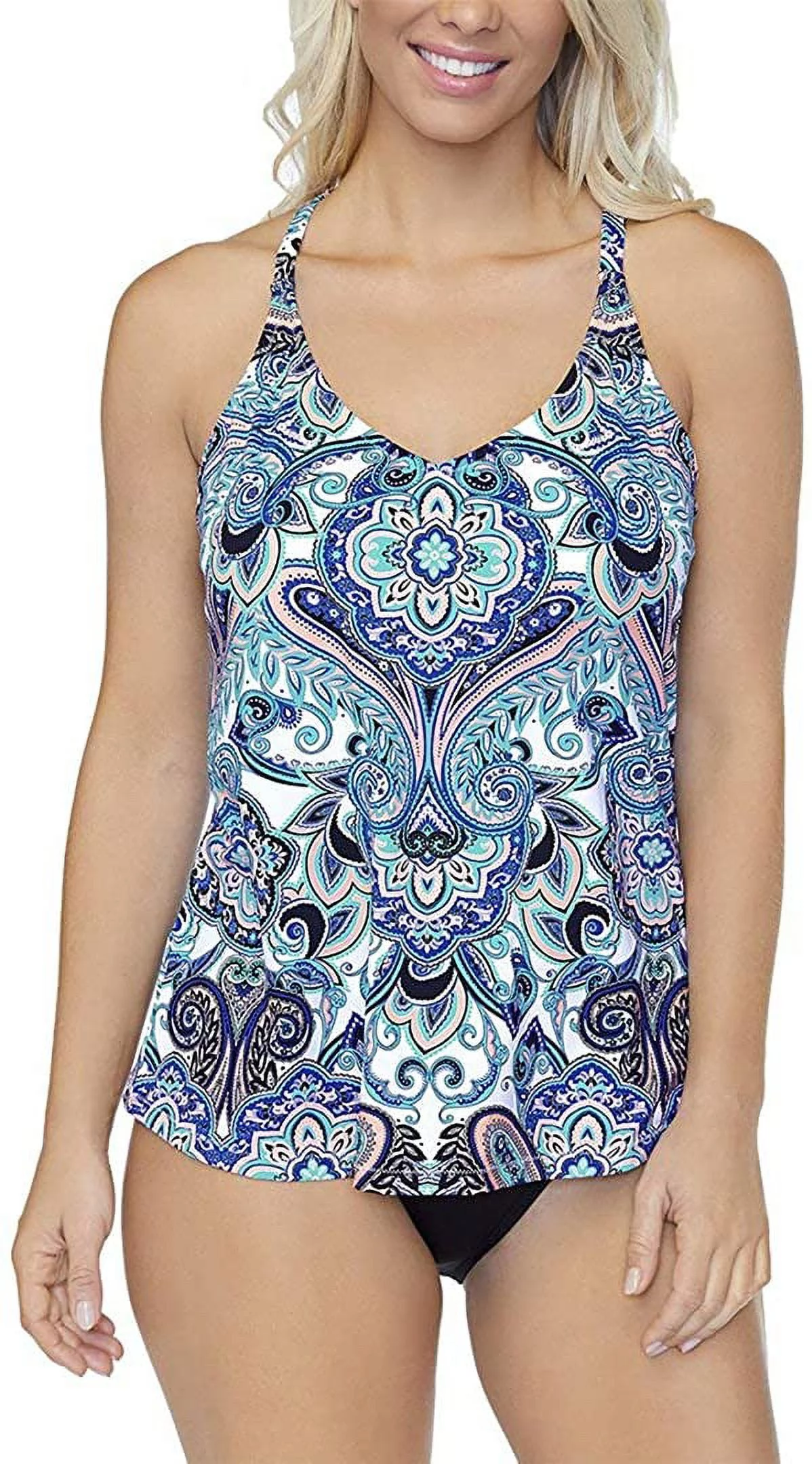 LEILANI Black/Multi Santa Marta Racerback Underwire Tankini Top, US 16, NWOT