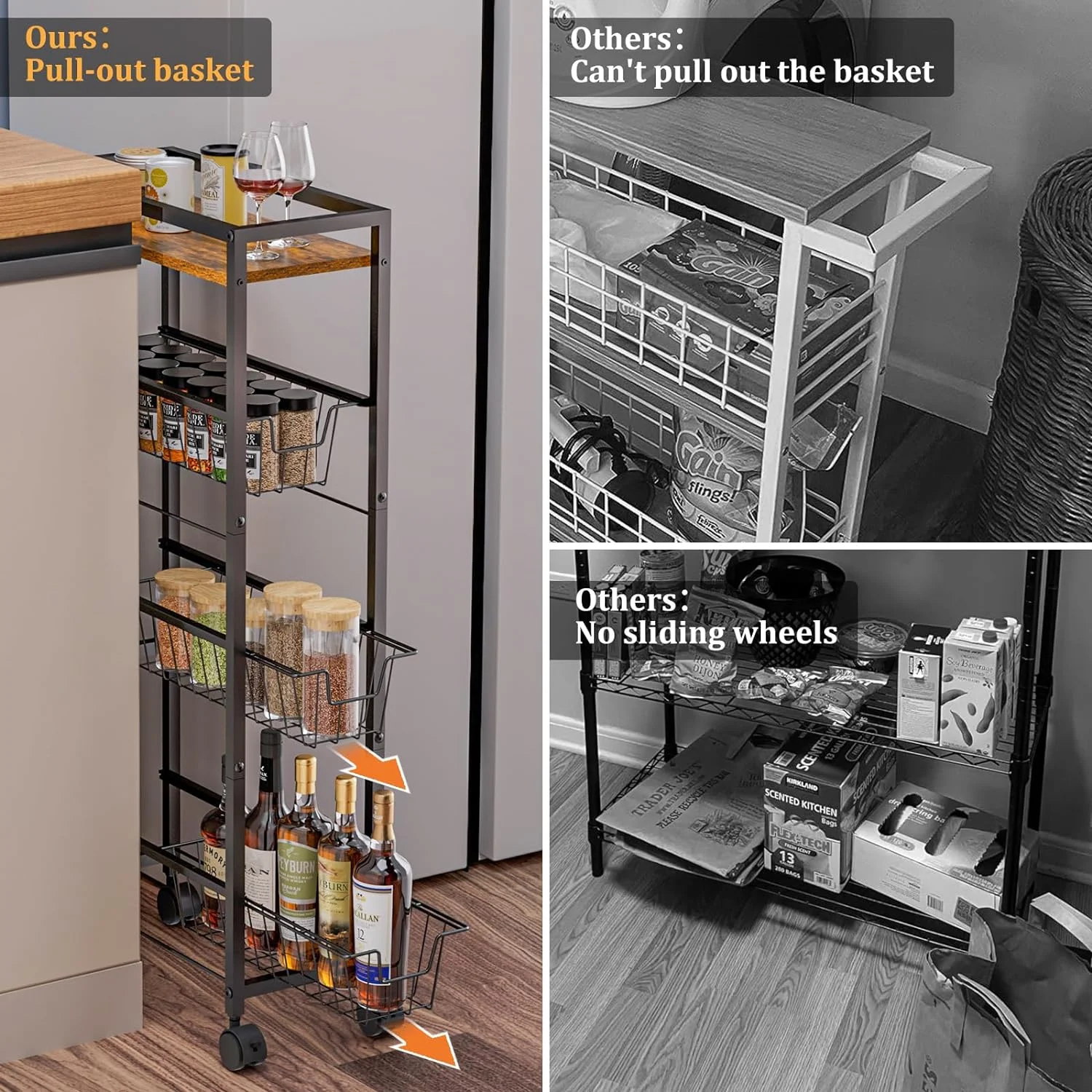 4-Tier Slim Storage Cart with Wheels,X-cosrack Rolling Utility Cart with Slide-Out Wire Baskets & Wooden Tabletop,Mobile Shelving Unit for Bathroom Kitchen Laundry Narrow Places