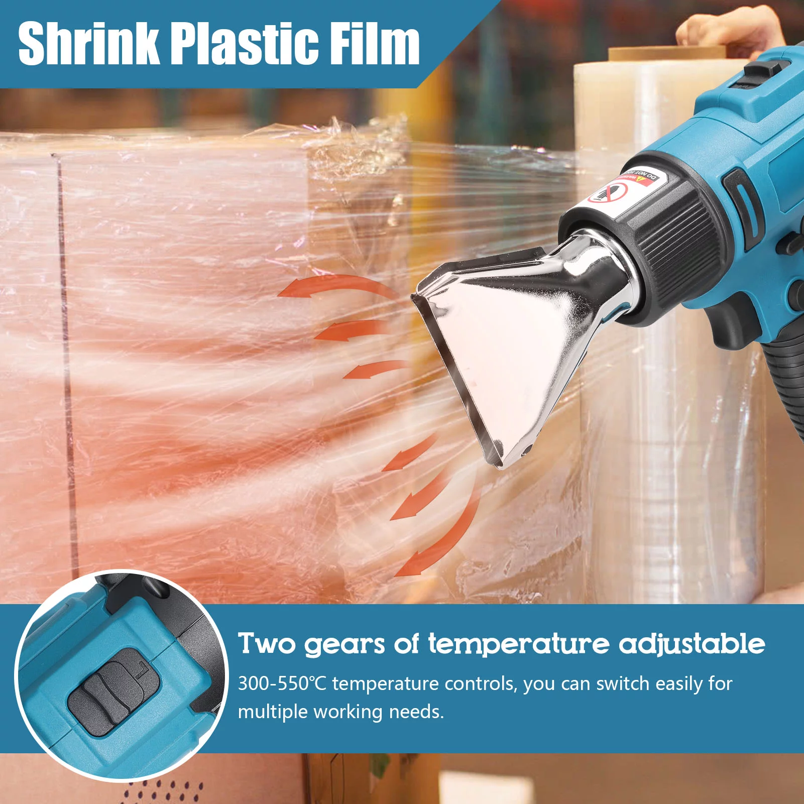 KKmoon Cordless Handheld Hot Air Machine Lithium Rechargeable Heating Equipment Temperatures Adjustable Power Tool with 2 Nozzles Compatible with Makita 18V Lithium Battery