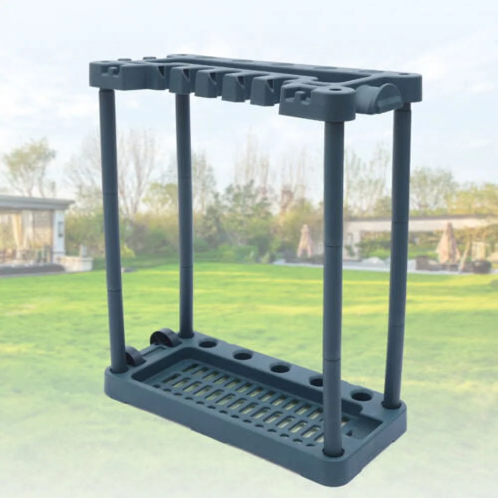 Garden Tool Rack Garage Outdoor Tool Storage Rack Yard Organizer w/ 2 Wheels