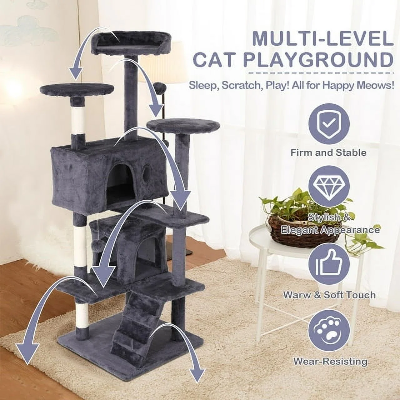 CL.HPAHKL 54In Cat Tree Tower for Large Cats, Cat Climbing Tower Cat Scratching Tree with Cat Scratching Stand, Big Cat Tree House Funny Toys for Kittens Pet(Ashy)