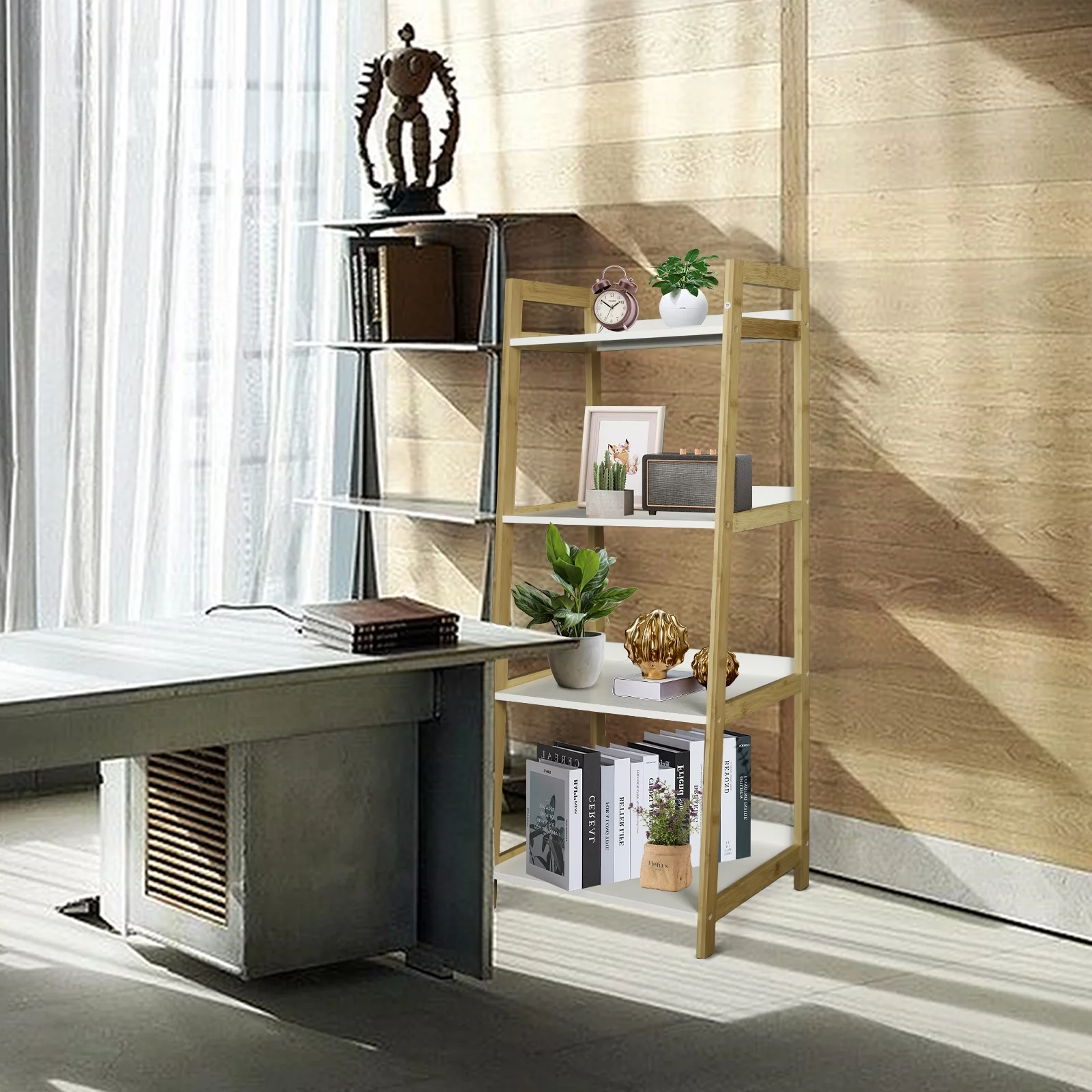 Fionafurn 4-Tier Ladder Shelves Display Plant Stand, Utility Free Standing Industrial Style Bookcase