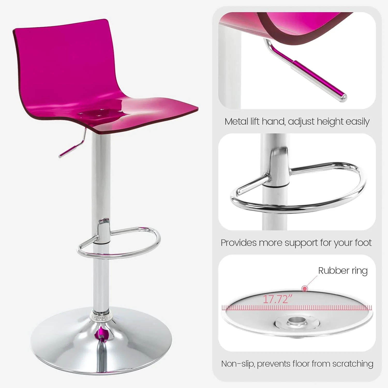 U-SHARE  Acrylic Bar Stools with Mid Back, Set of 2, Transparent Adjustable Swivel Airlift Barstools, Counter Height Bar Chairs for Kitchen Dining Room Pub Cafe (Clear)