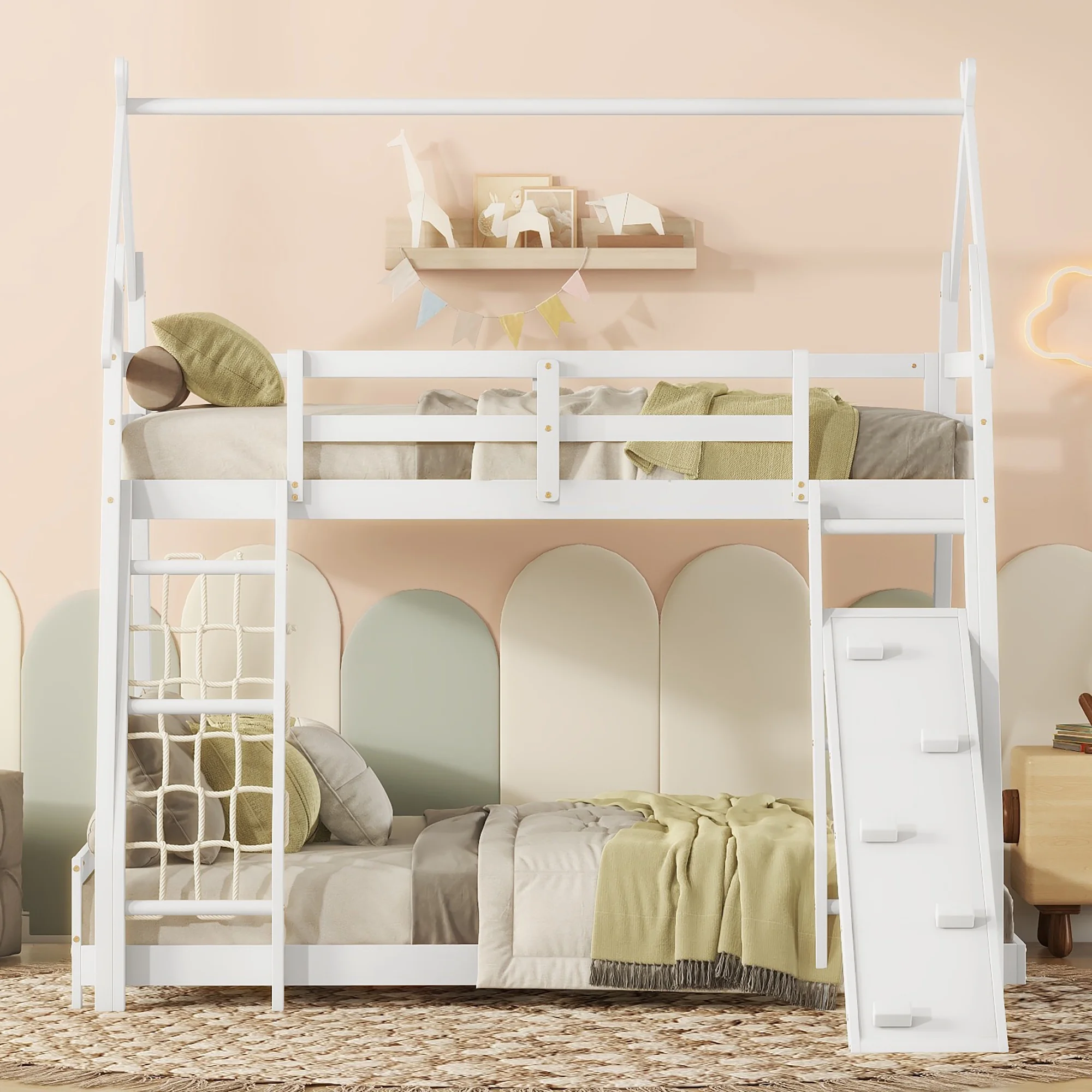 Euroco Twin over Queen Bunk Bed with Climbing Nets and Ramp for Kids Bedroom, White