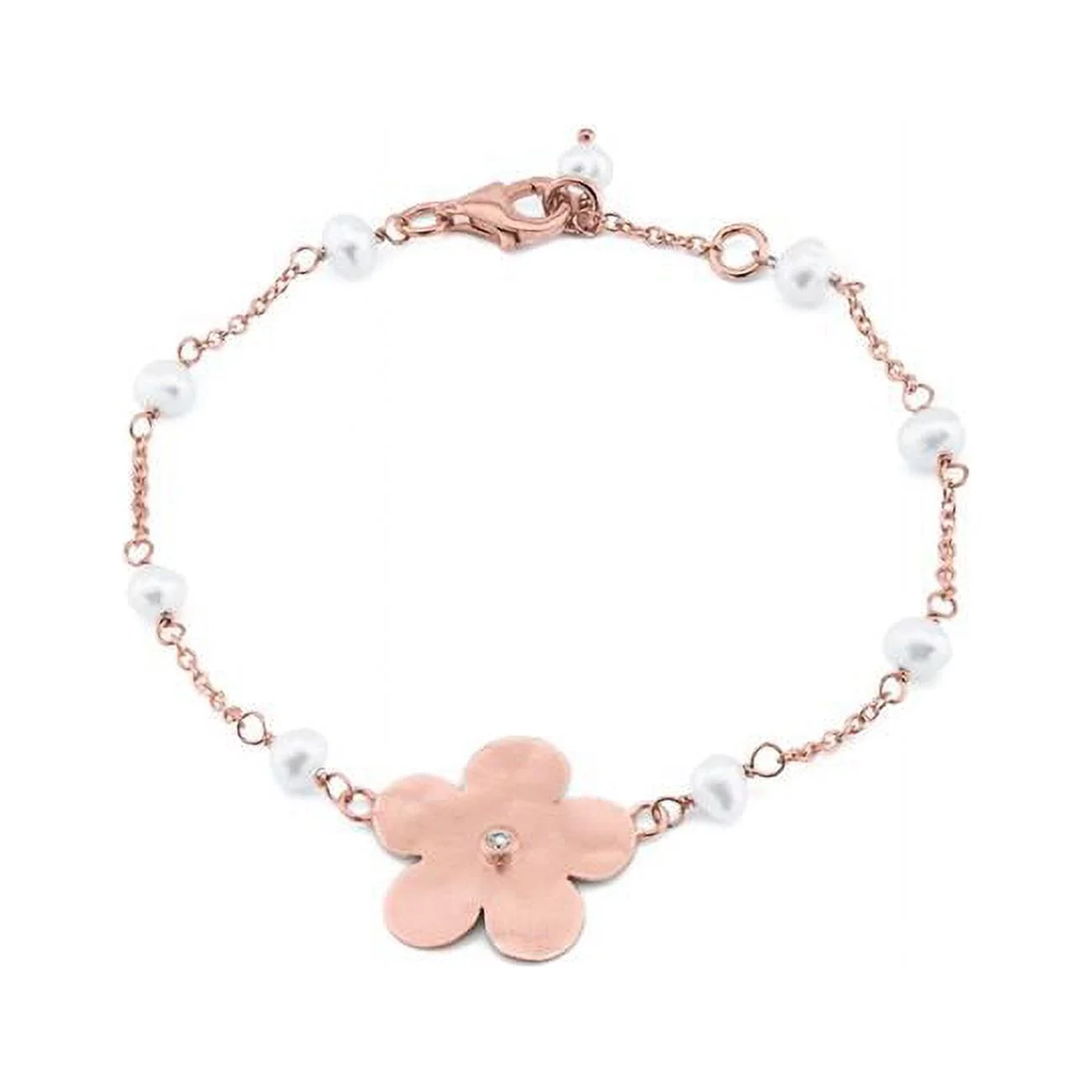 2B2216R 6.5 in. Hammered Rose Gold Plated Sterling Silver Flower of Life & Pearls Chain Bracelet