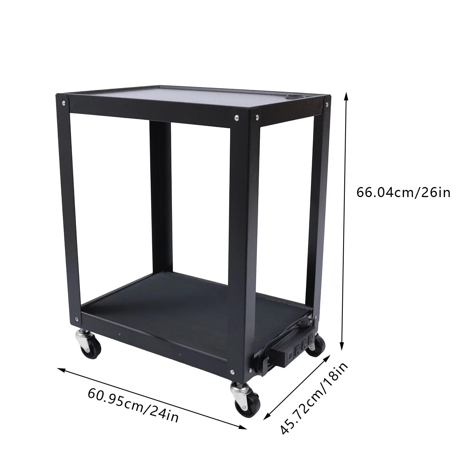 Steel Shelf Rolling Media AV Utility Cart w/Power Strip Presentation Cart 2 Tier