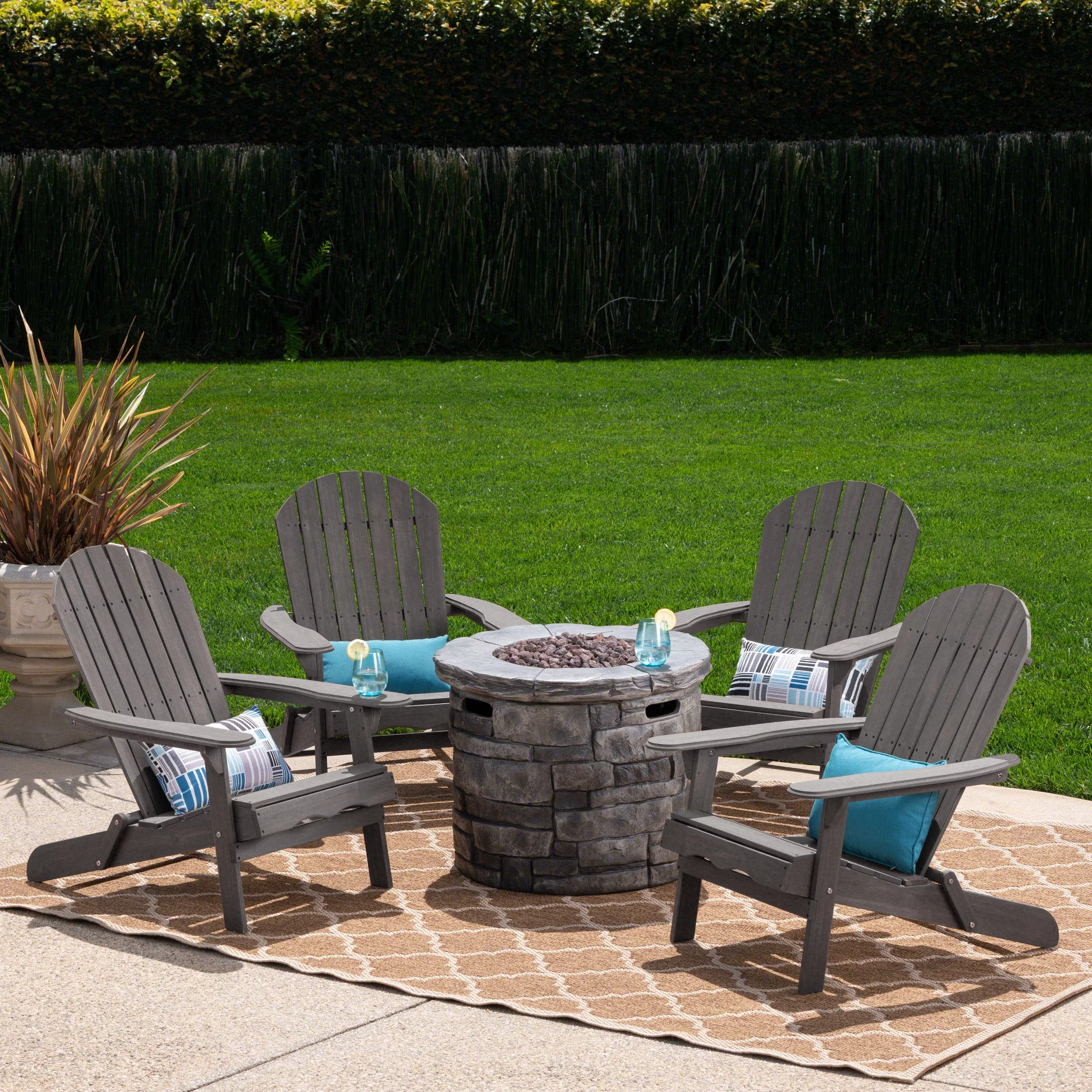 Royalty Outdoor 5 Piece Acacia Wood Adirondack Chair Set with Light Weight Concrete Fire Pit, Grey, Dark Grey