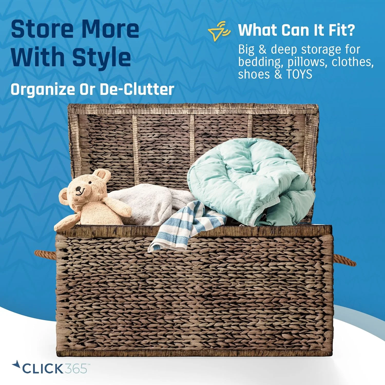 Click365 Storage Trunk, Farmhouse Style, Extra Large (33”), Deep, Woven Wicker Chest With Metal Frame, 2 Handles, Flip Top Lid and Stay Open Safety Hinges, Sustainable Eco Material, Rustic Brown