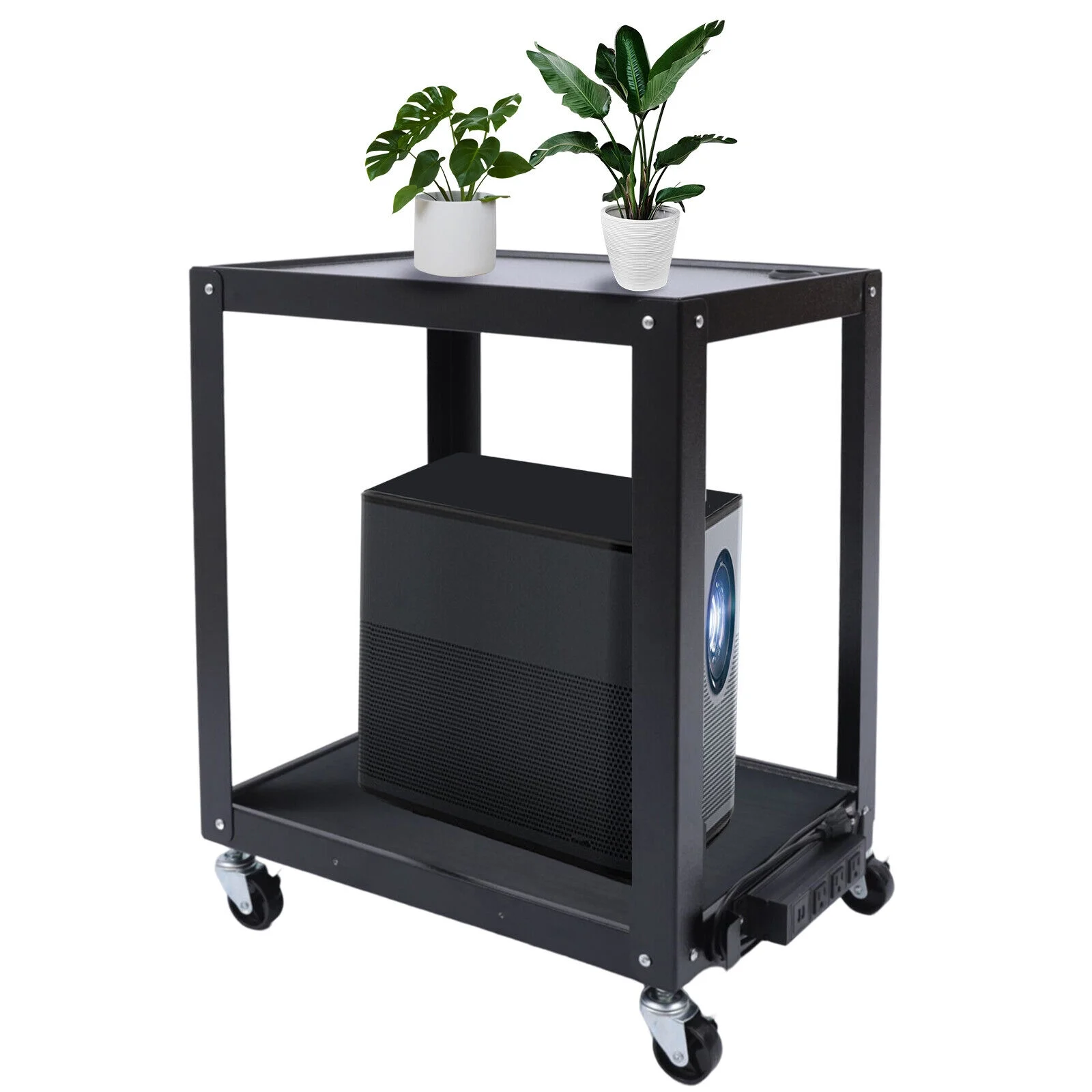 DENEST Steel AV Cart Media Cart with Plugboard Outlet Presentation Cart with 2 Shelves
