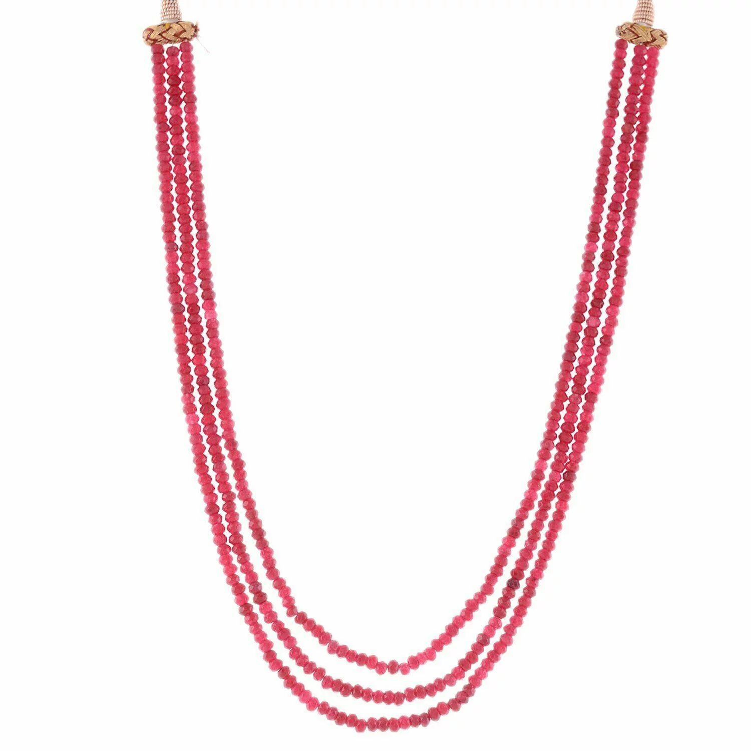 Three Layer Ruby Red Colored Quartz Gemstone Beads Kanta Necklace Mala For Women
