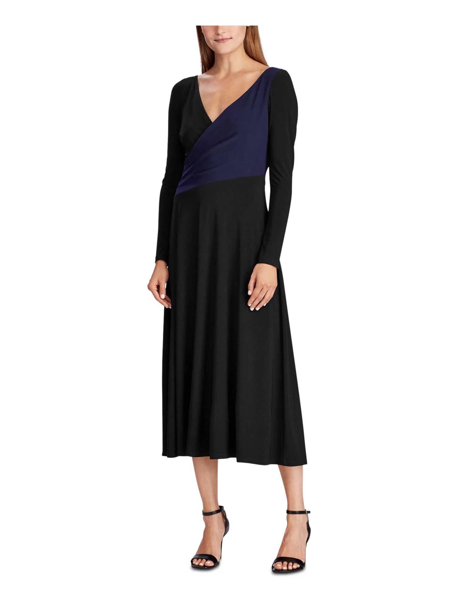 RALPH LAUREN Womens Black Long Sleeve V Neck Tea-Length Formal Trapeze Dress 6