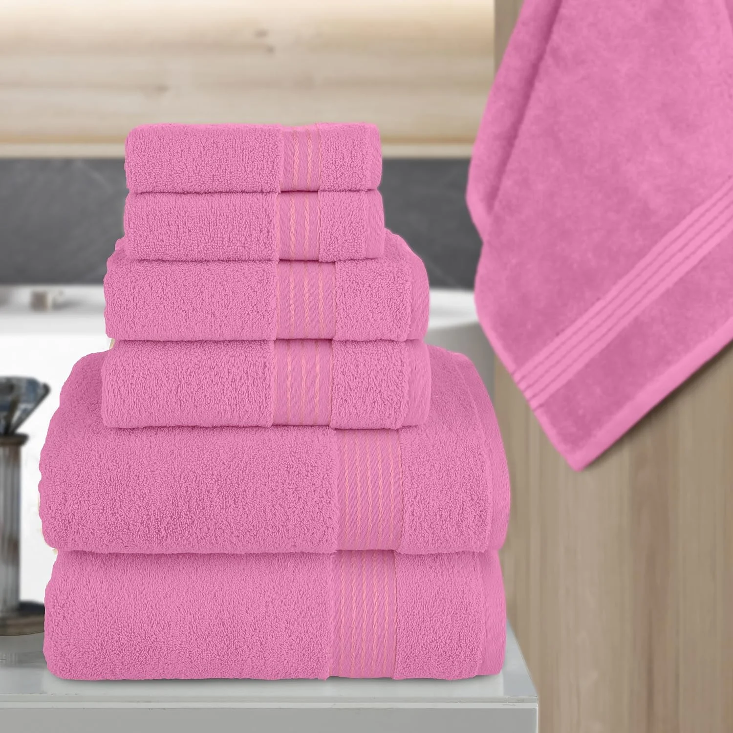 100% Turkish Carde Cotton 6 Piece Towel Set, 620 GSM Towels for Bathroom, Super Soft 2 Bath Towels 2 Hand Towels 2 Washcloths, Light Pink