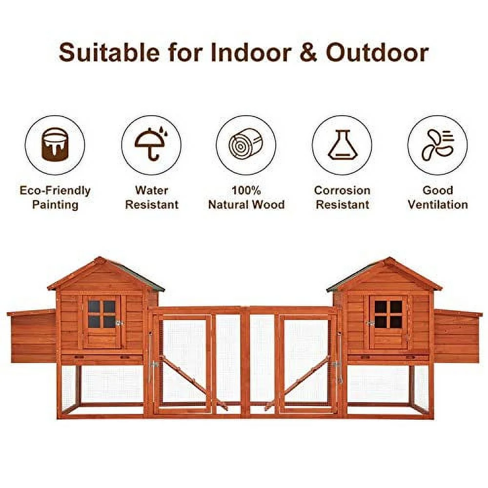 YODOLLA 144” Large Wooden Chicken Coop, Outdoor Hens House with Ramps and Nesting Boxes,Brown