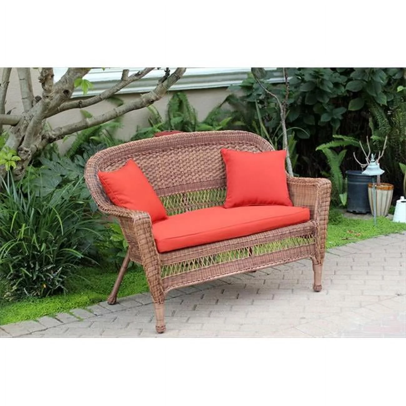 Jeco W00205-L-FS018-CL Honey Wicker Patio Love Seat With Red Orange Cushion And Pillows
