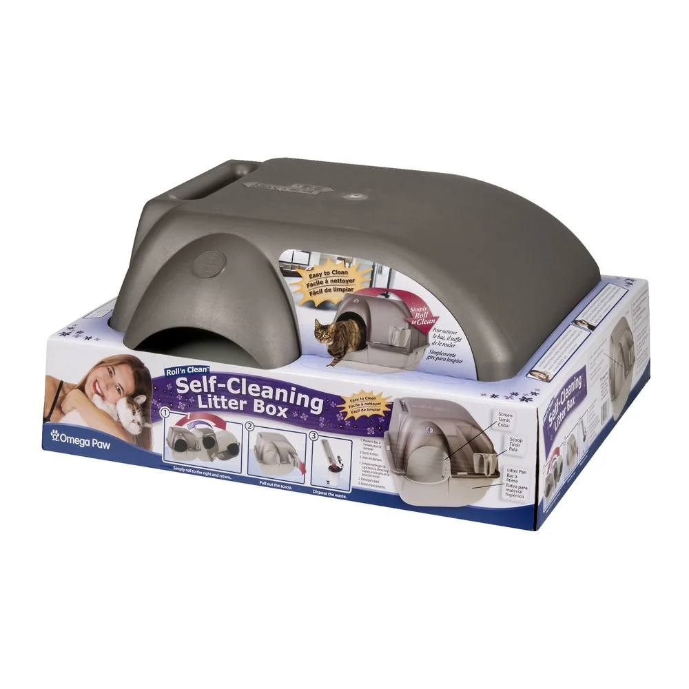 Omega Paw Roll’n Clean Self Cleaning Litter Box with Slide-Out Tray and Durable Construction (Regular, Brown)