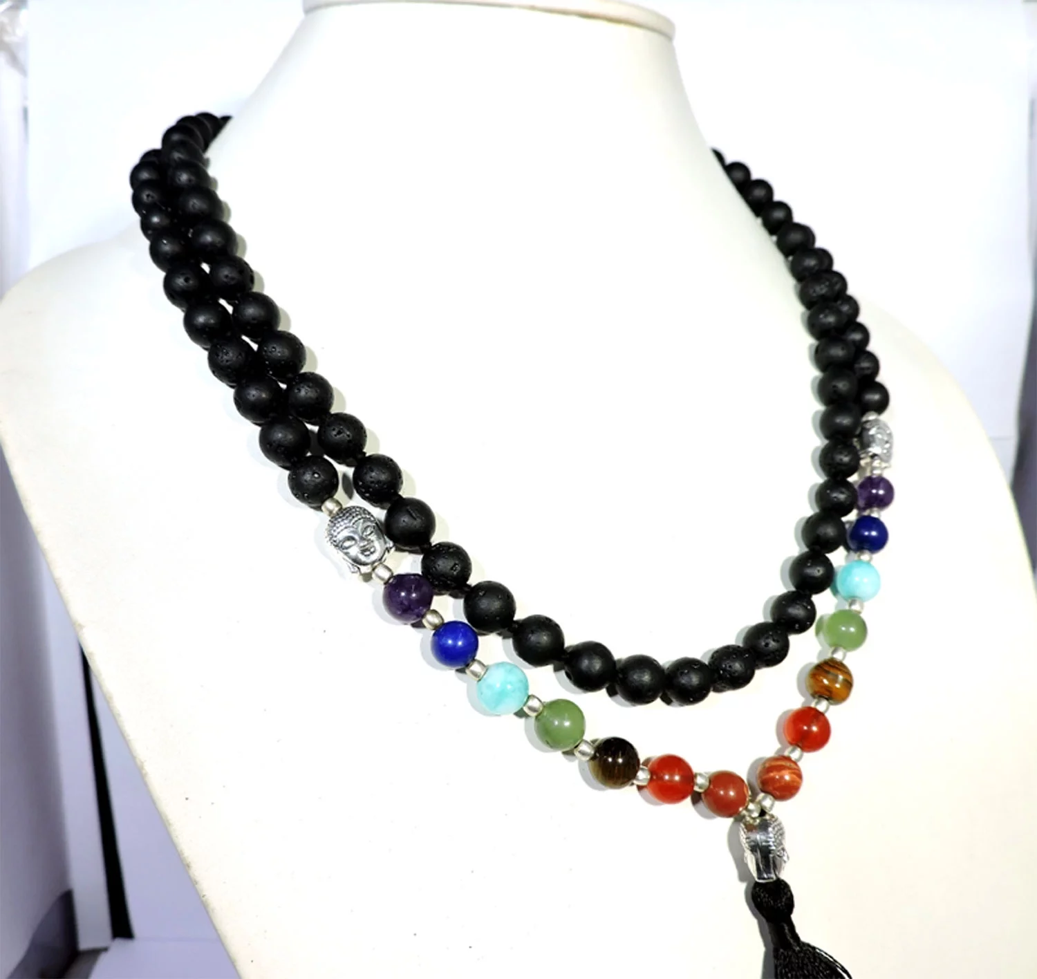 8mm Beaded Mala Tassel Mala Black Fossil Stone Silver Jewelry Beads Necklace