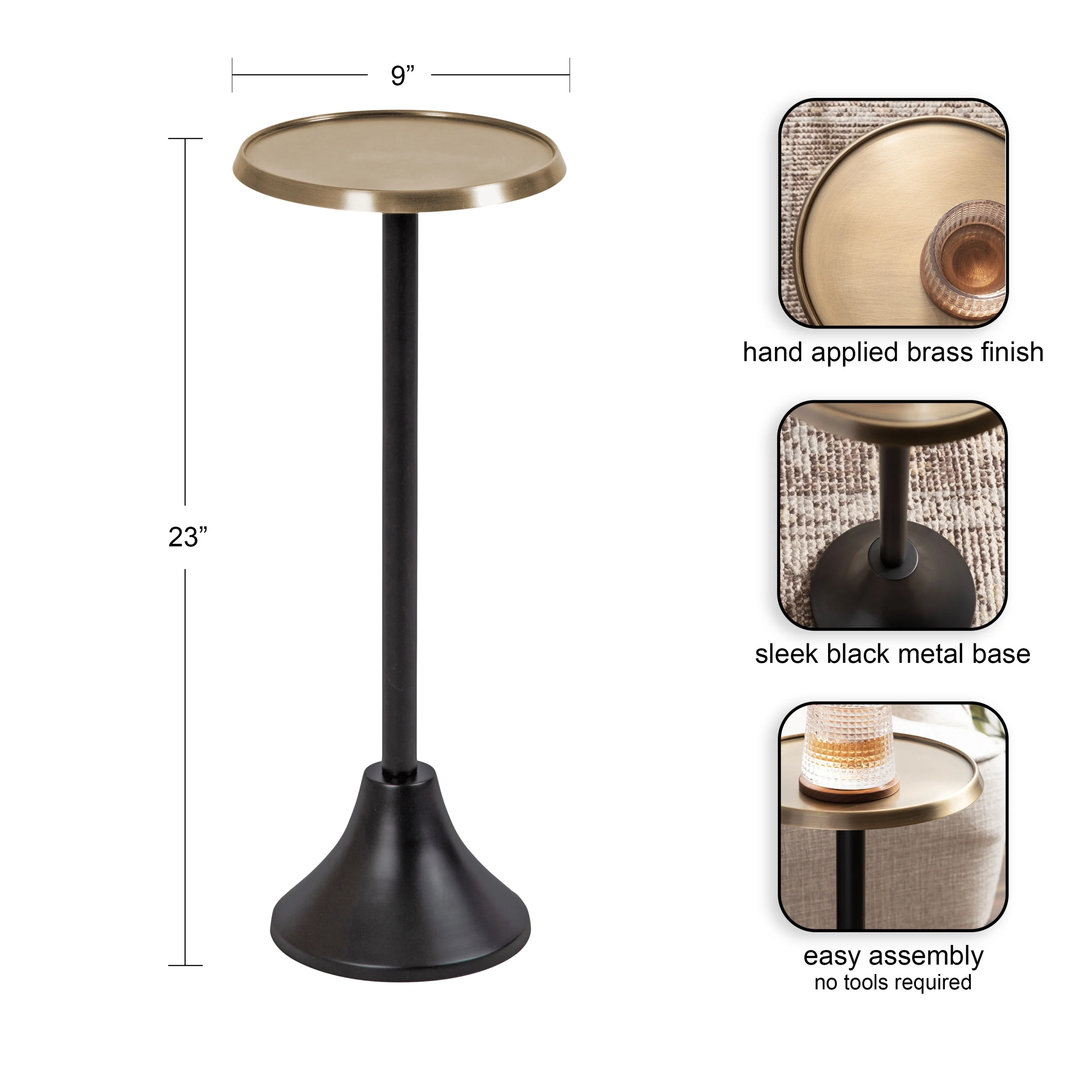 Kate and Laurel Sanzo Modern Pedestal Drink Table, 9 x 9 x 23, Antique Brass and Black, Decorative End Table with Hammered Tabletop for Use as Small Plant Stand or Living Room Martini Table