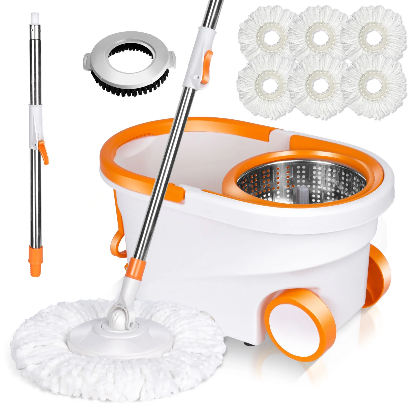 Masthome Handle Spin Mop and Bucket with Wringer Set for Floor Cleaning,6 Microfiber Mop Pads