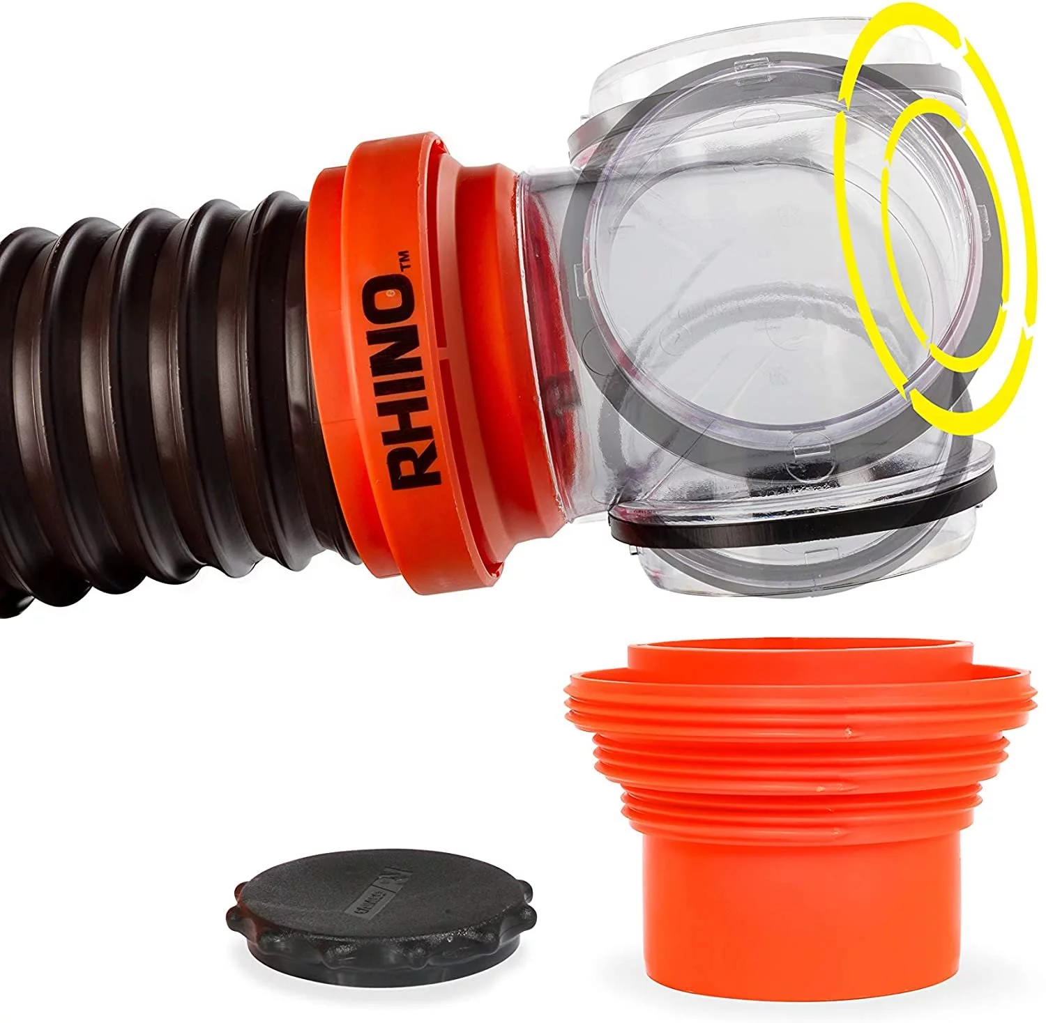 Camco RhinoFLEX 15ft RV Sewer Hose Kit, Includes Swivel Fitting and Translucent Elbow with 4-In-1 Dump Station Fitting, Storage Caps Included - 39761