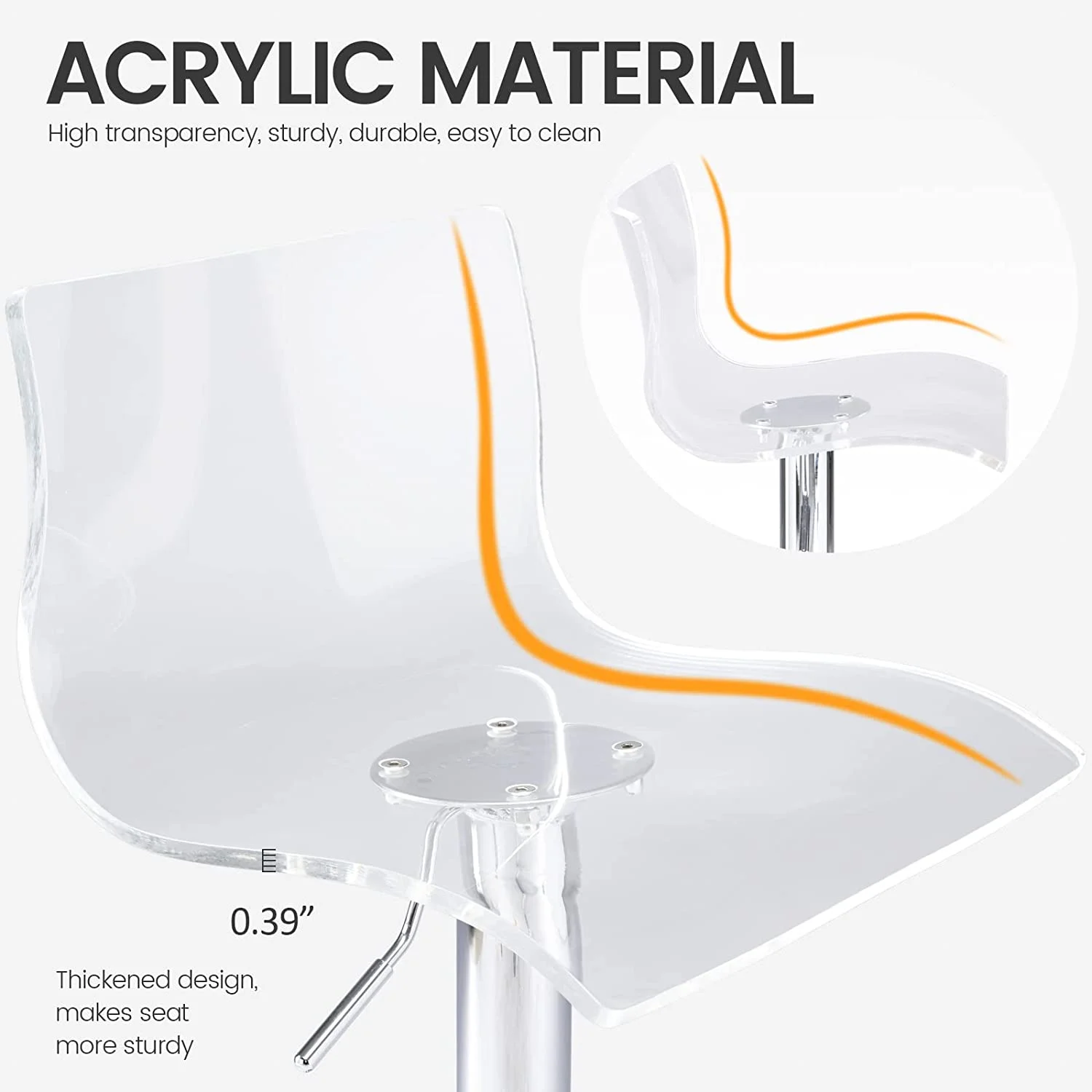 U-SHARE  Acrylic Bar Stools with Mid Back, Set of 2, Transparent Adjustable Swivel Airlift Barstools, Counter Height Bar Chairs for Kitchen Dining Room Pub Cafe (Clear)