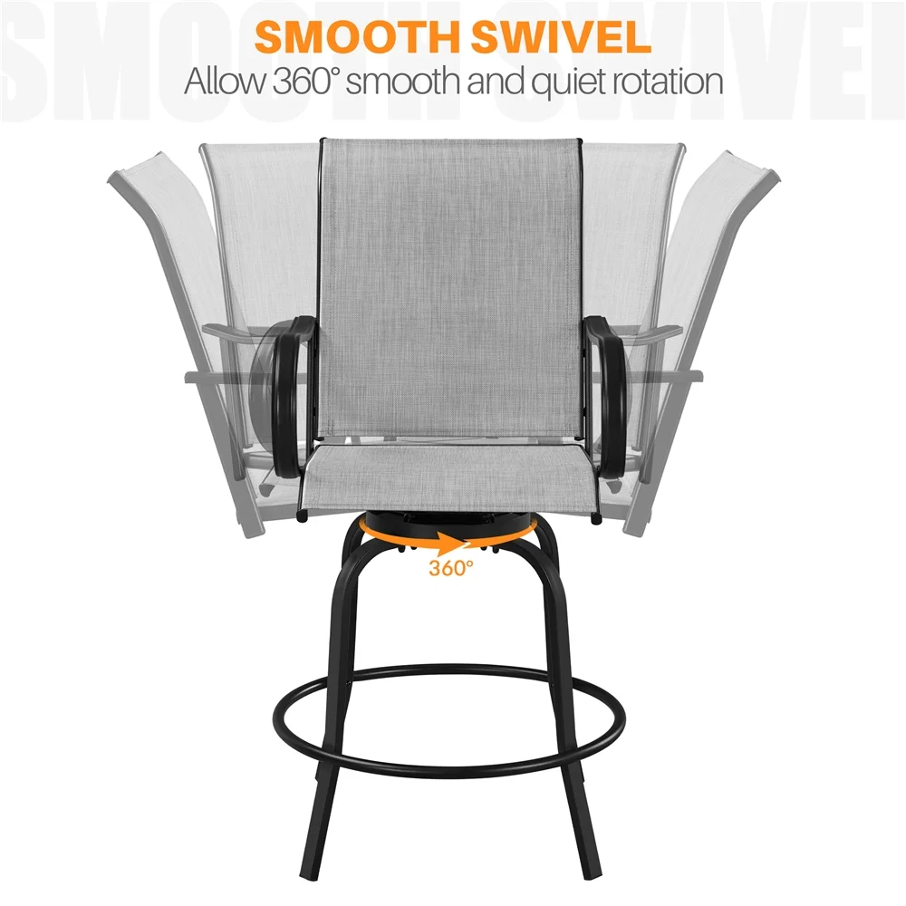 Yaheetech Outdoor Swivel Texteline Bar Stools with Armrest and Footrest, Set of 2, Black/Light Gray