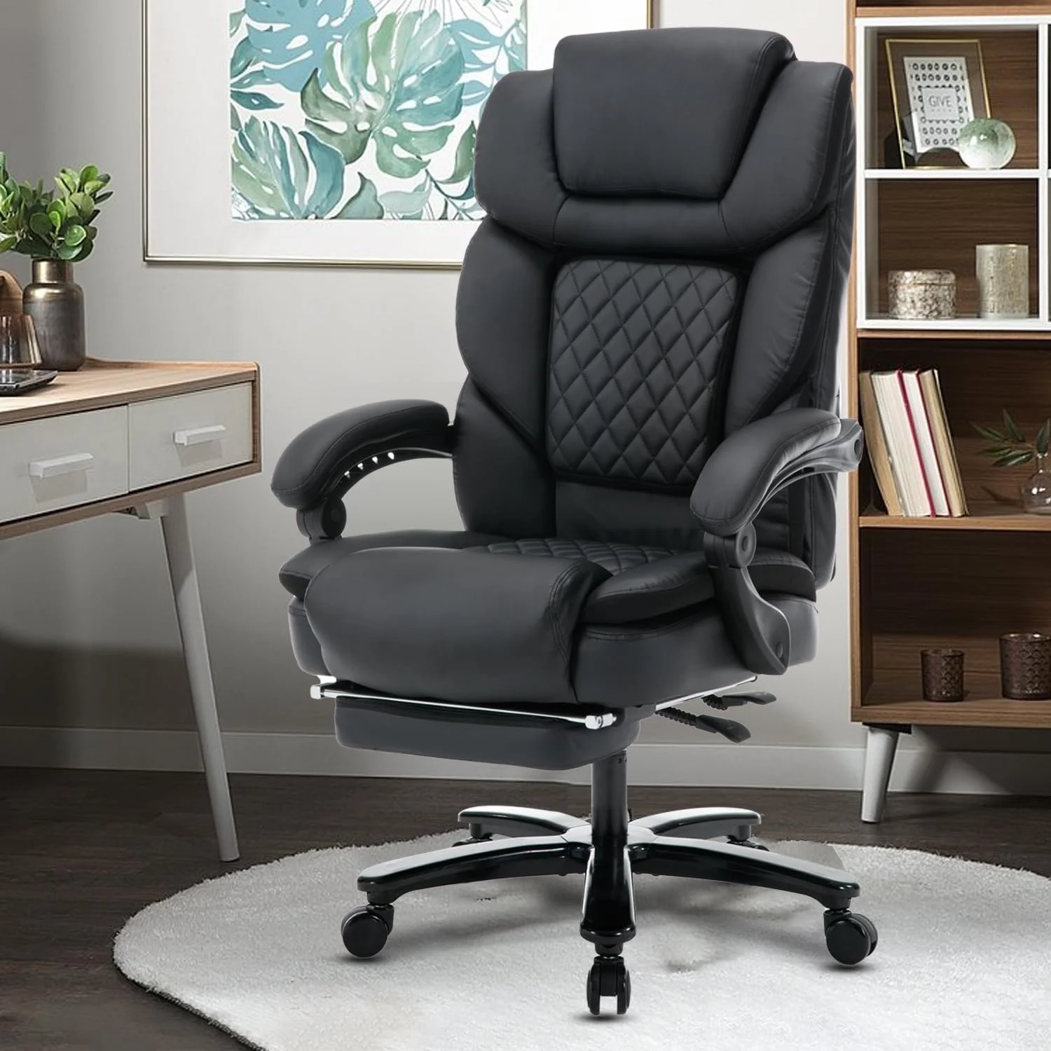 450lbs Big and Tall Reclining Office Chairs with Footrest & Lumbar Support, PU Leather Ergonomic Managerial Executive Chair with Wheels, Plus Size Recliner Desk Chair (Grey)