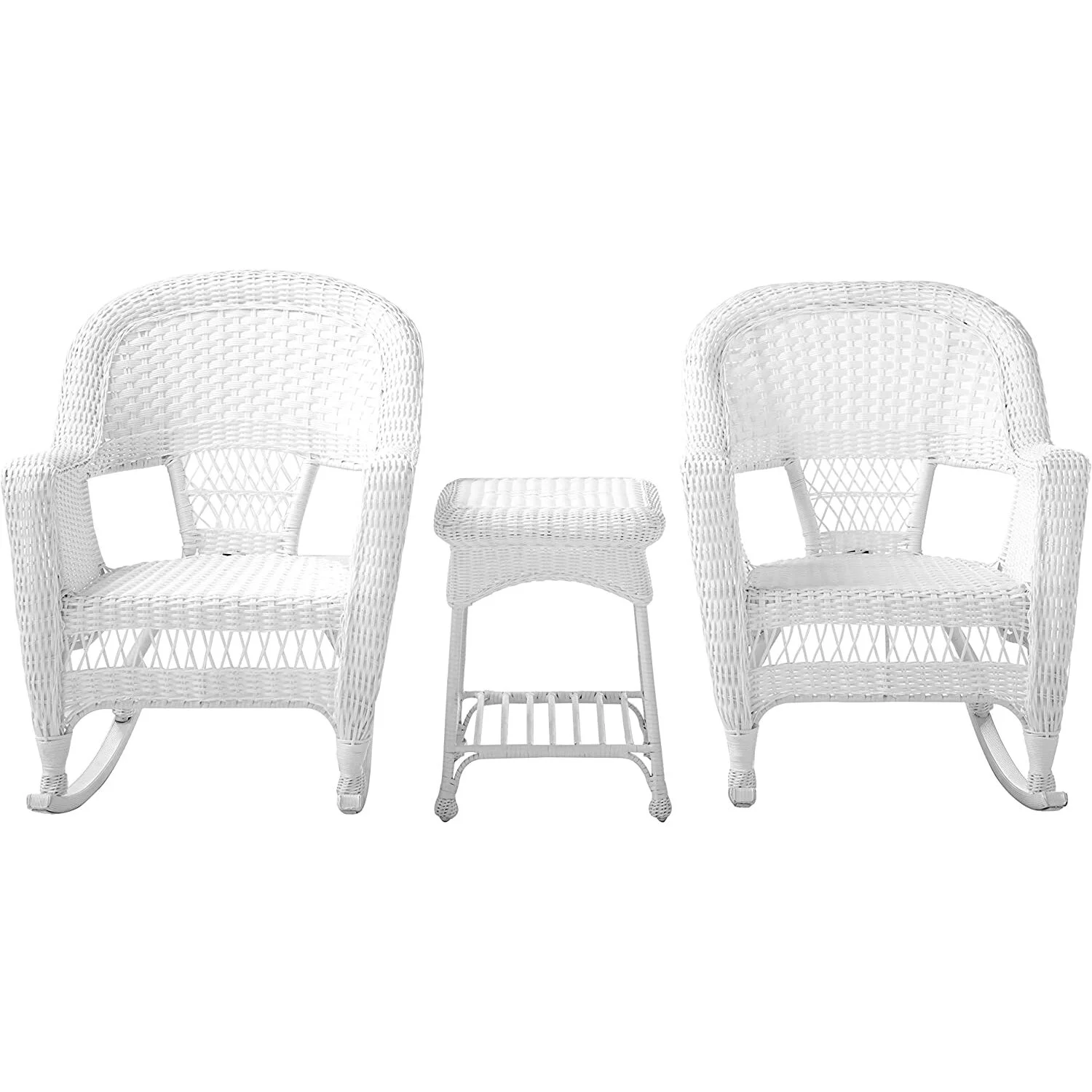 Jeco 3 Piece Resin Wicker Outdoor Patio Rocker Chair with End Table Set in White