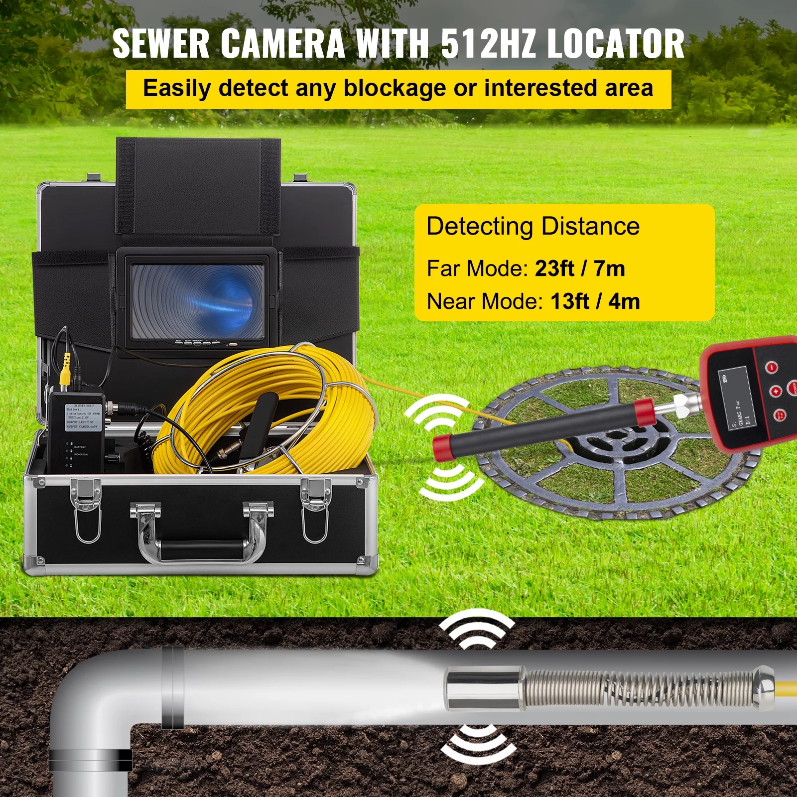 SKYSHALO Sewer Camera with Locator, 165' Cable, Drain Camera w/ 512Hz Sonde Transmitter & Receiver, Waterproof IP68 Sewer Video Inspection Equipment w/ 16 GB SD Card, 1200TVL 7