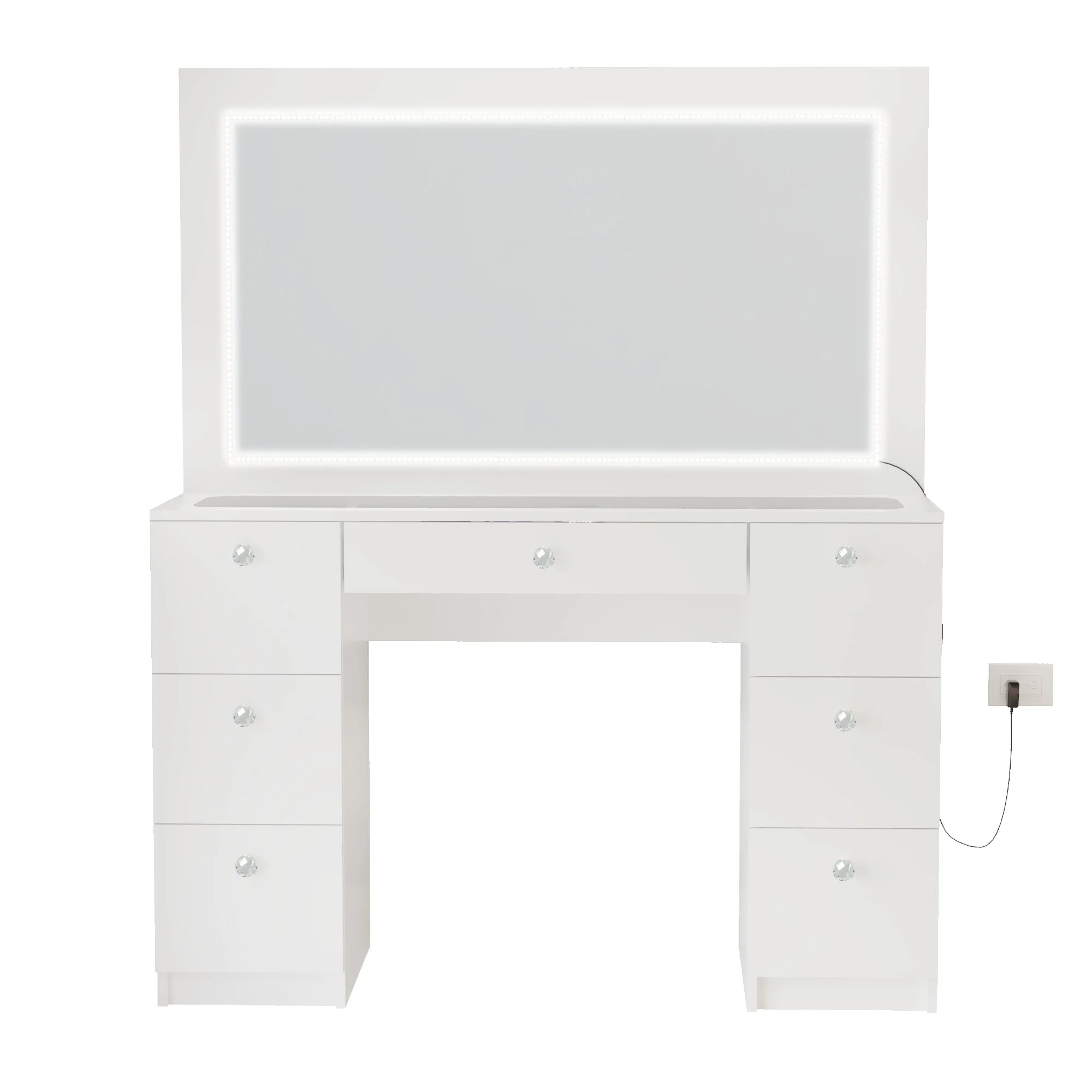 Boahaus Seraphine White Modern Vanity Desk with Mirror, LED Lights, 7 Drawers, Crystal Ball Knobs, for Bedroom