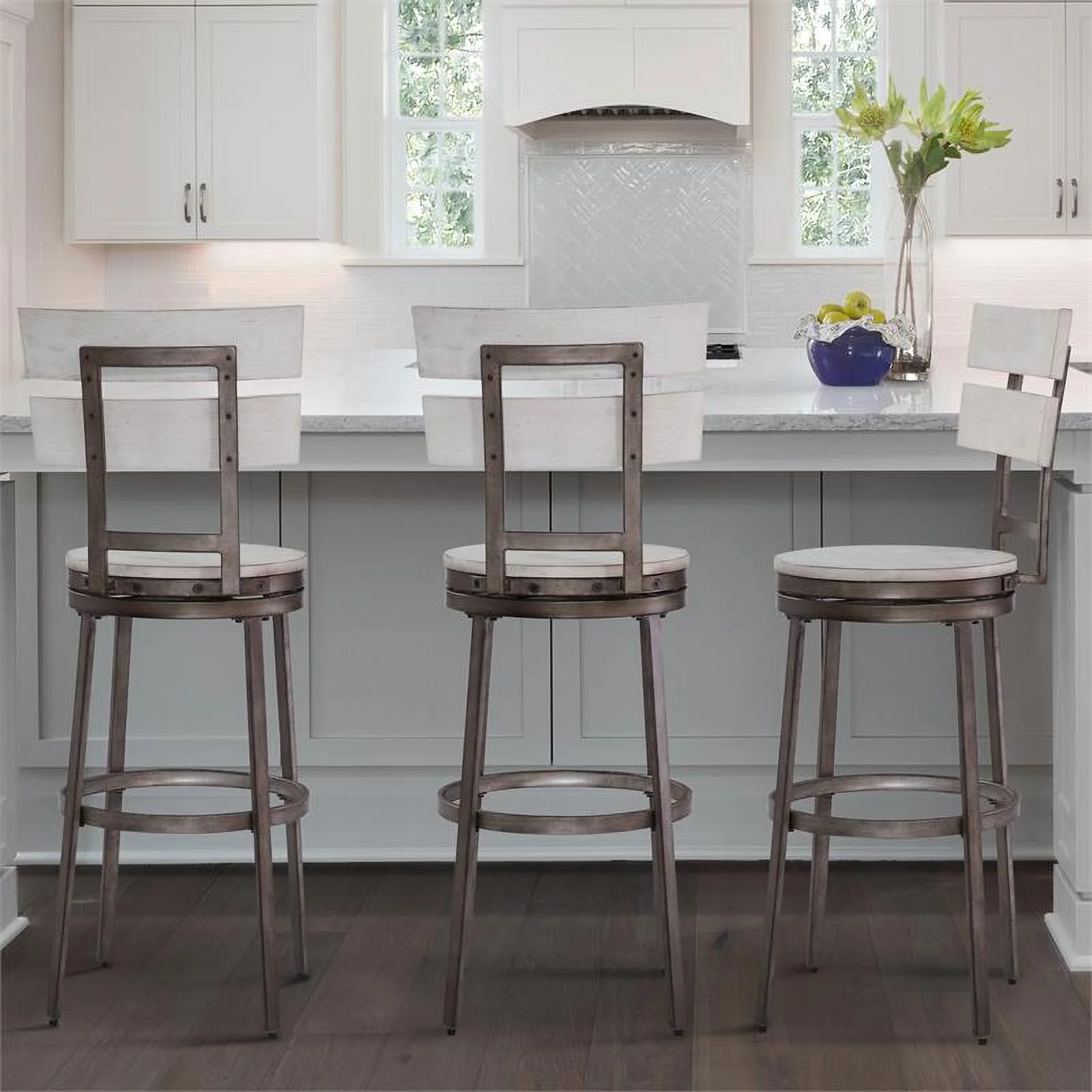 Home Square 3 Piece Metal Swivel Bar Stool Set in Distressed White