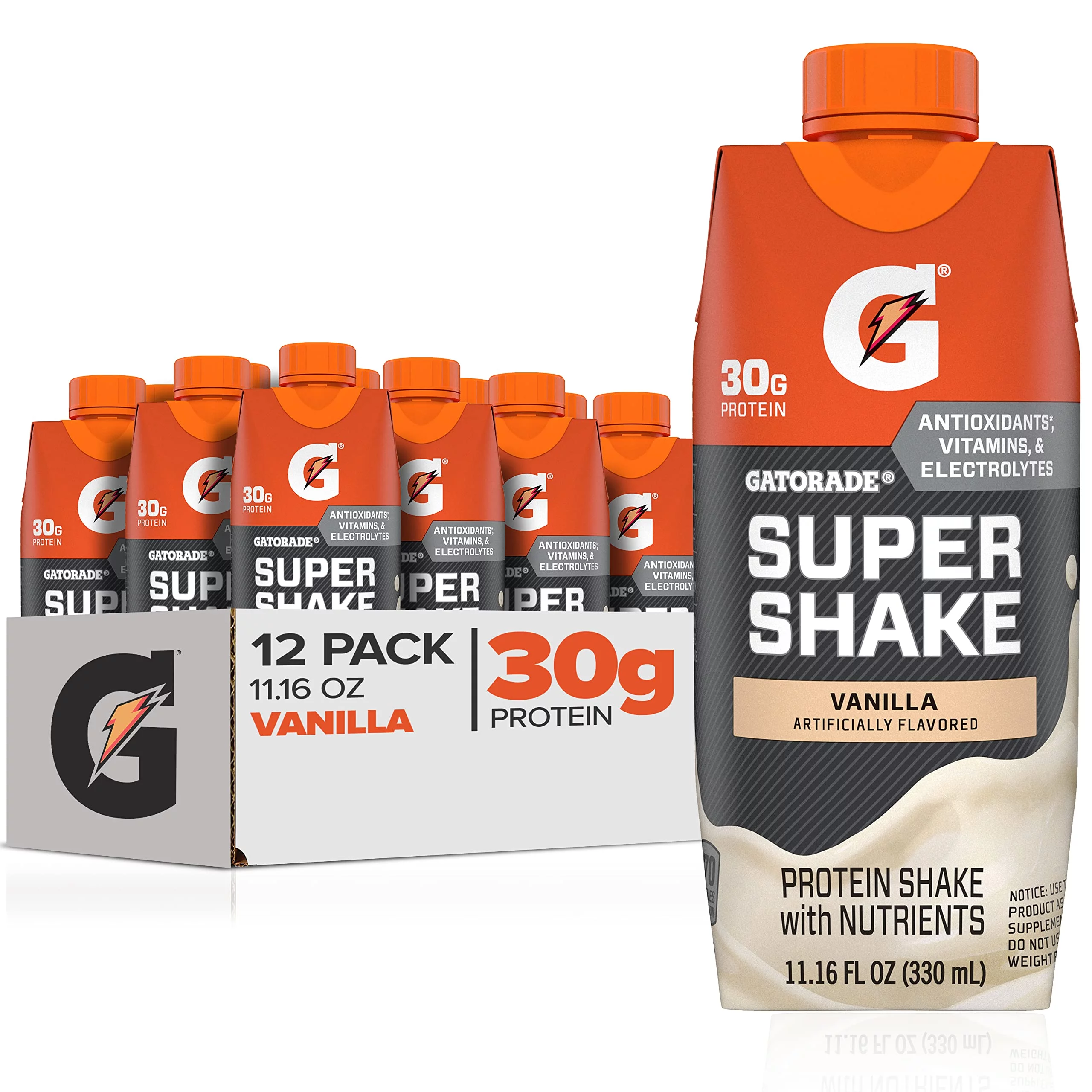 Gatorade Super Shake, Vanilla, 30G Protein, 11.6 Fl Oz Carton, (Pack Of 12)