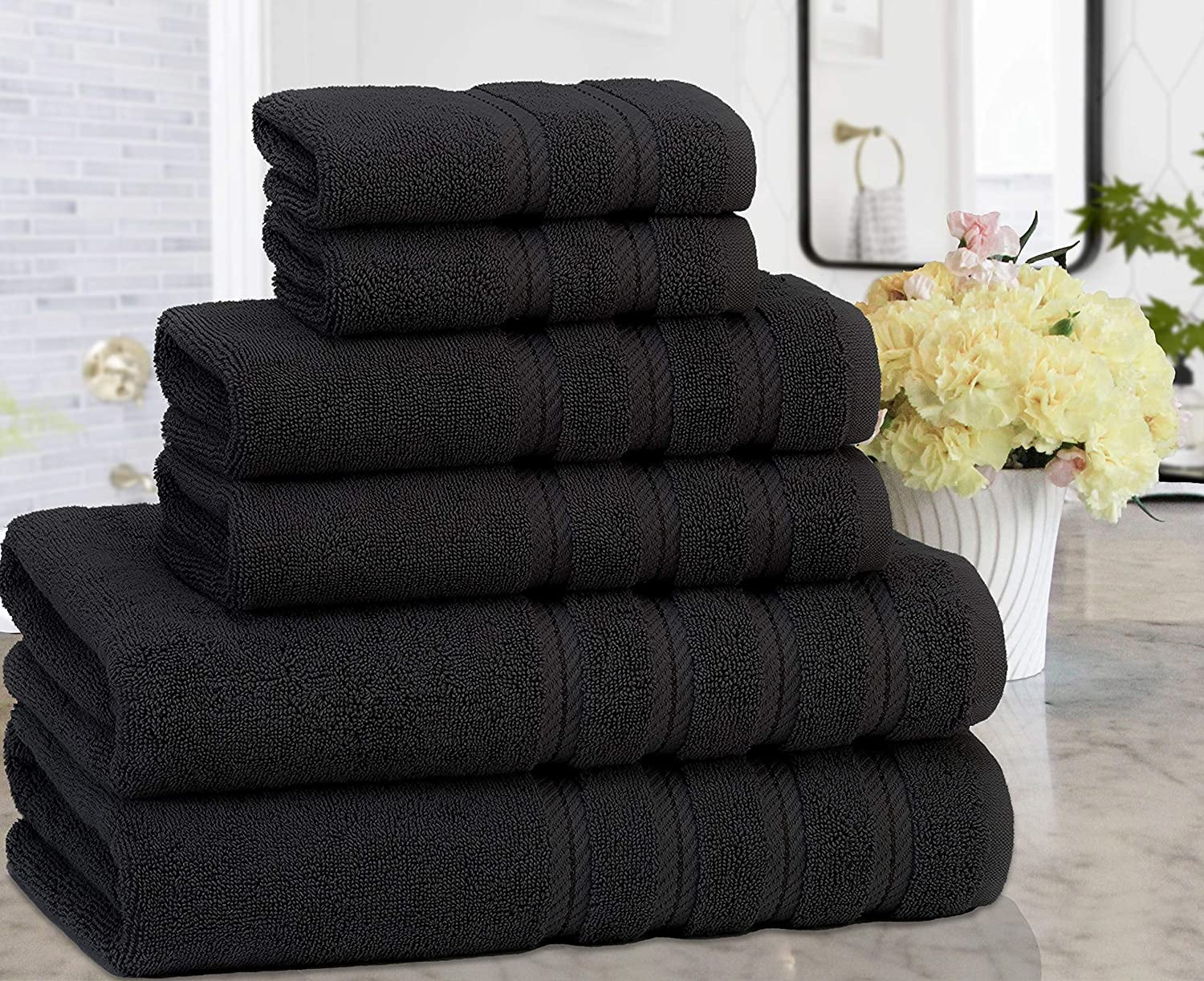 American Soft Linen 6-Piece 100% Turkish Genuine Cotton Premium & Luxury Towel Set for Bathroom & Kitchen, 2 Bath Towels, 2 Hand Towels & 2 Washcloths [Worth $72.95] - Coal Black