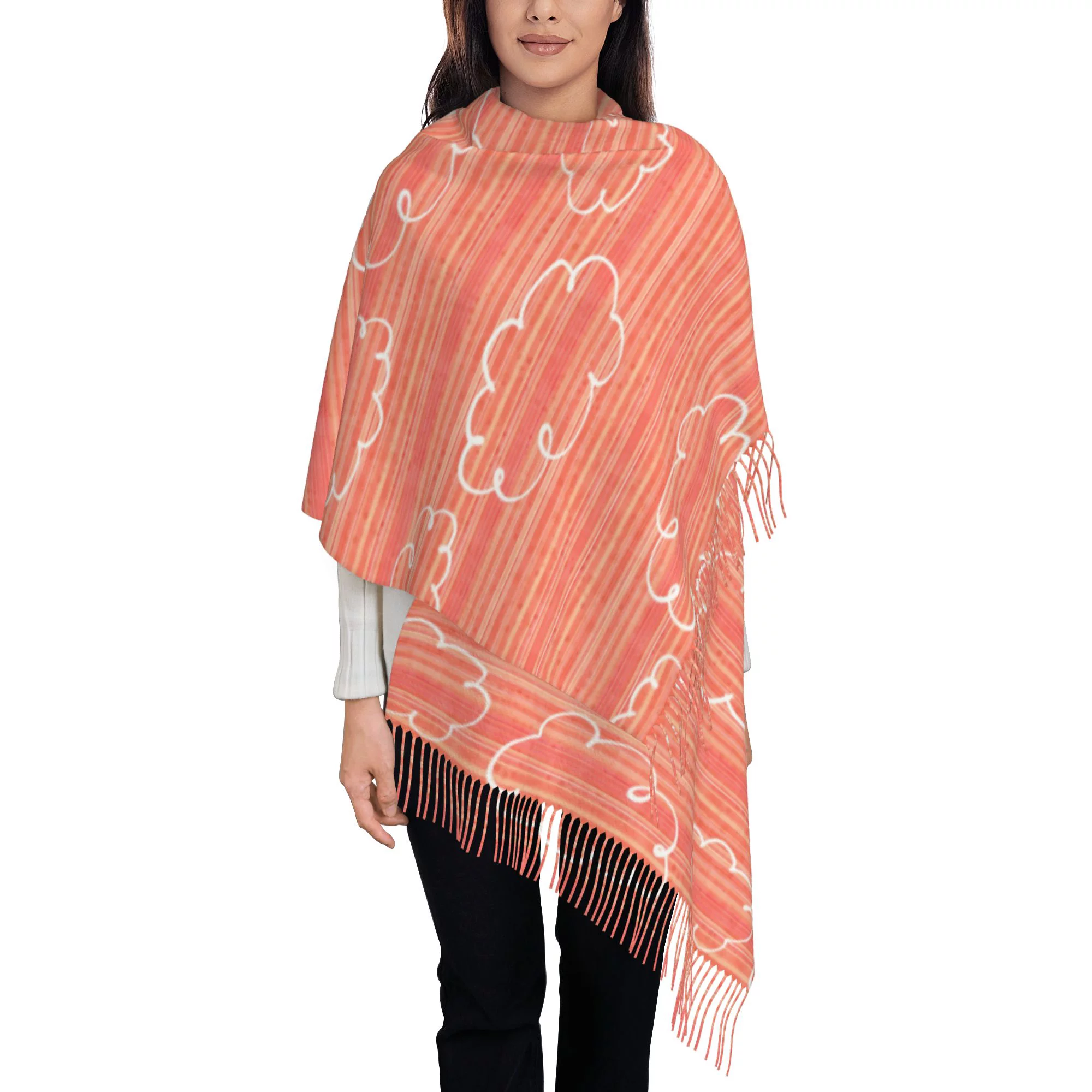 Women's Fashion Tassel Scarf, Pink Line Cloud Graffiti Long Shawl, Lightweight and Warm