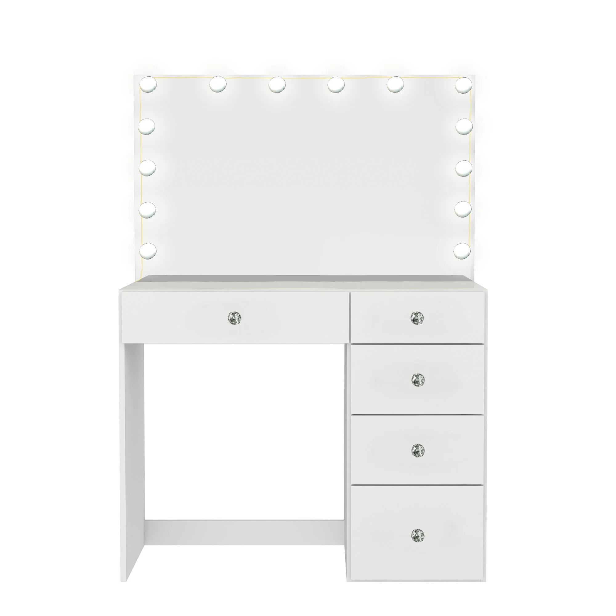 Boahaus Amelia PRO Modern Vanity Desk with 5 Drawers, Lights, Crystal Knobs, Wide Mirror, White