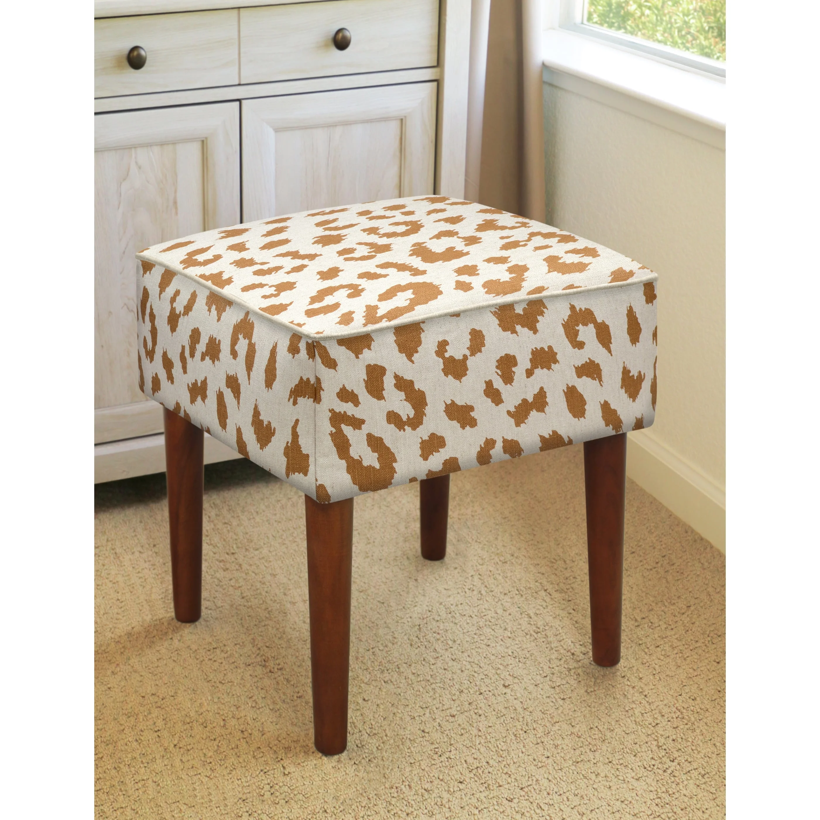 123 Creations Caramel Linen Leopard Upholstered Modern-style Stool with Wooden Legs