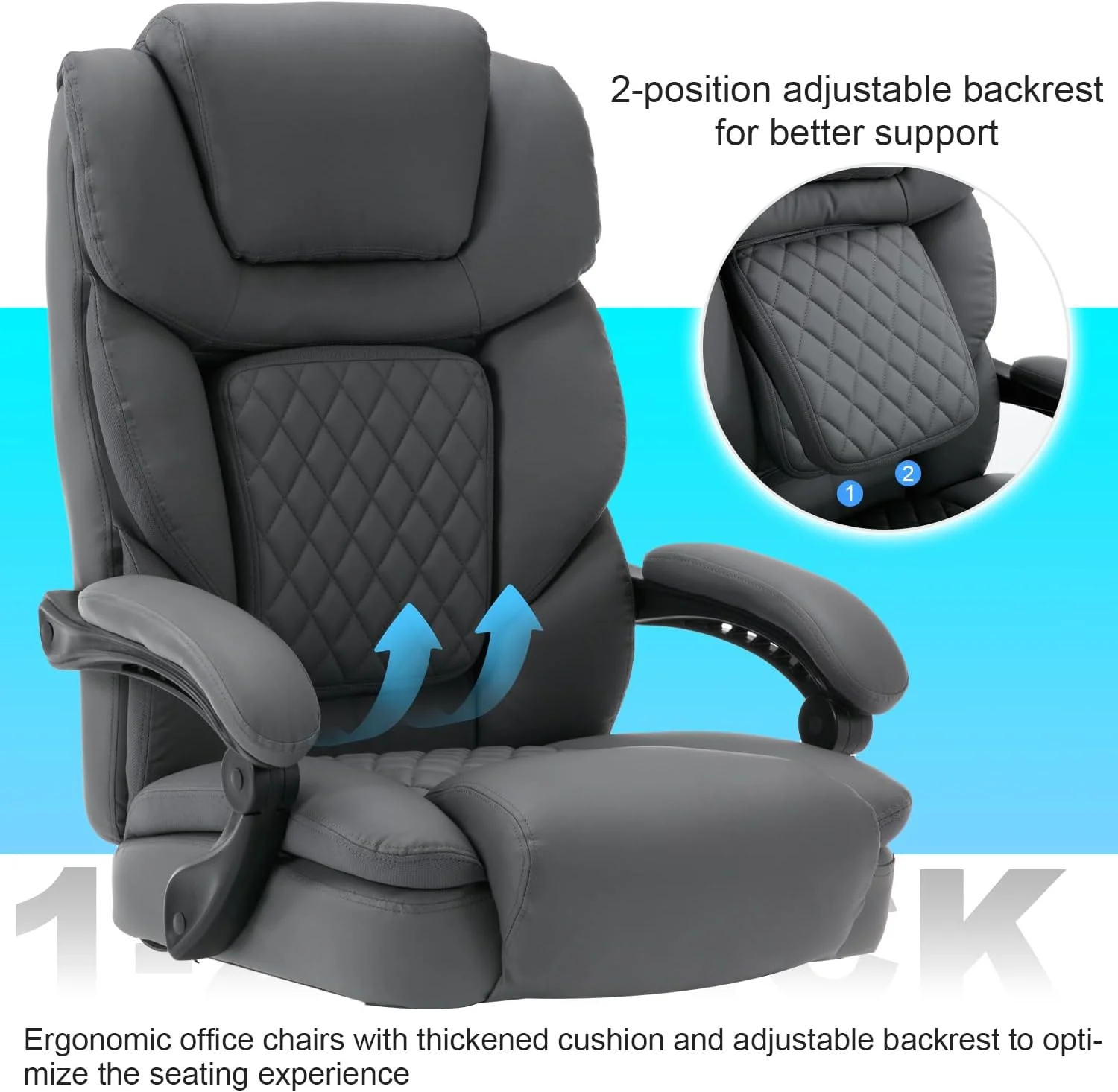 450lbs Big and Tall Reclining Office Chairs with Footrest & Lumbar Support, PU Leather Ergonomic Managerial Executive Chair with Wheels, Plus Size Recliner Desk Chair (Grey)
