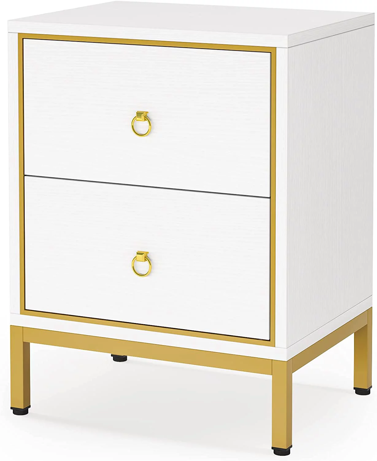 Tribesigns Nightstand with 2 Drawers, White &Gold End Table with Storage, Tall Night Stands Bedside Table for bedrooms, Modern Wood Bedside Furniture with Metal Frame for Bedroom, Living Room