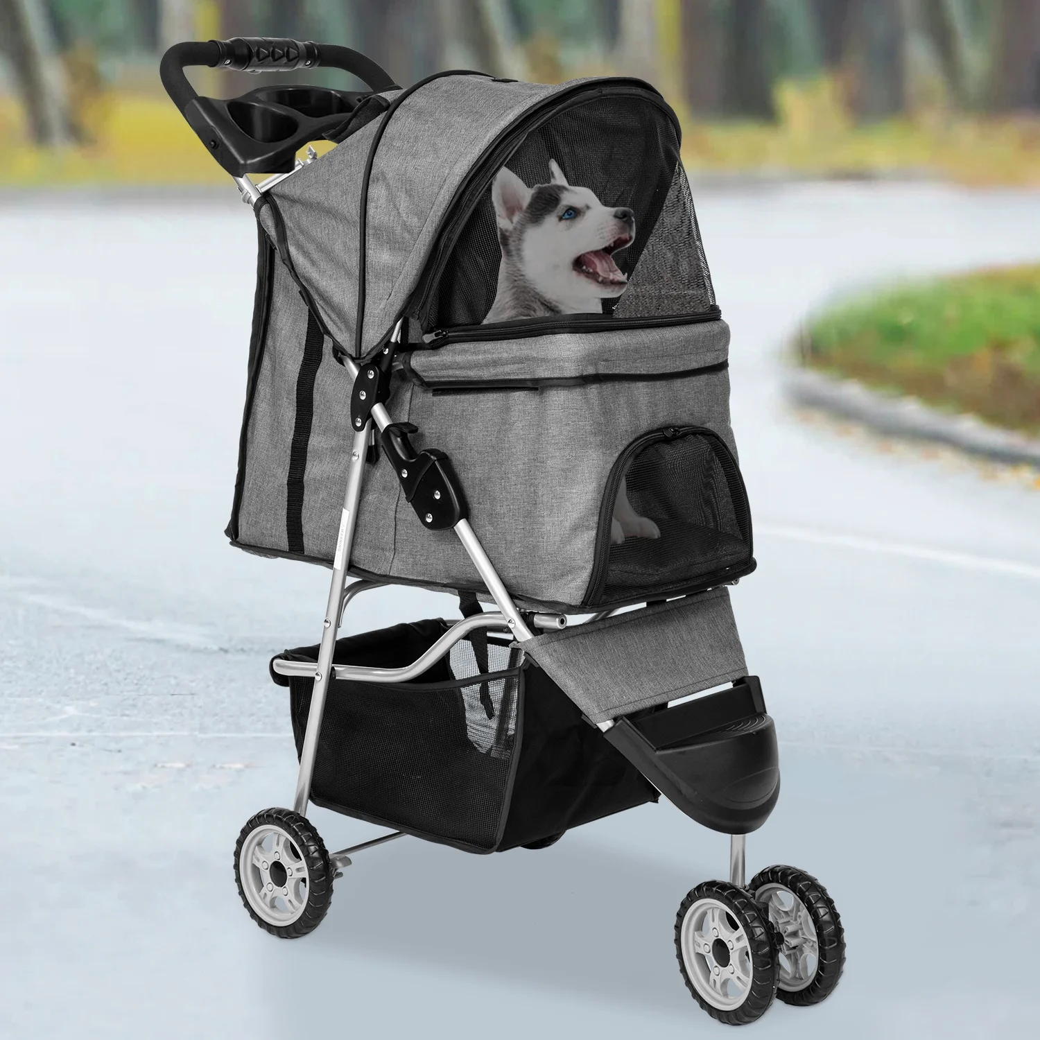 3 Wheels Pet Stroller Folding Dog Stroller Cat Stroller with Cup Holder & Storage Basket for Medium Small Dogs Cats, Grey