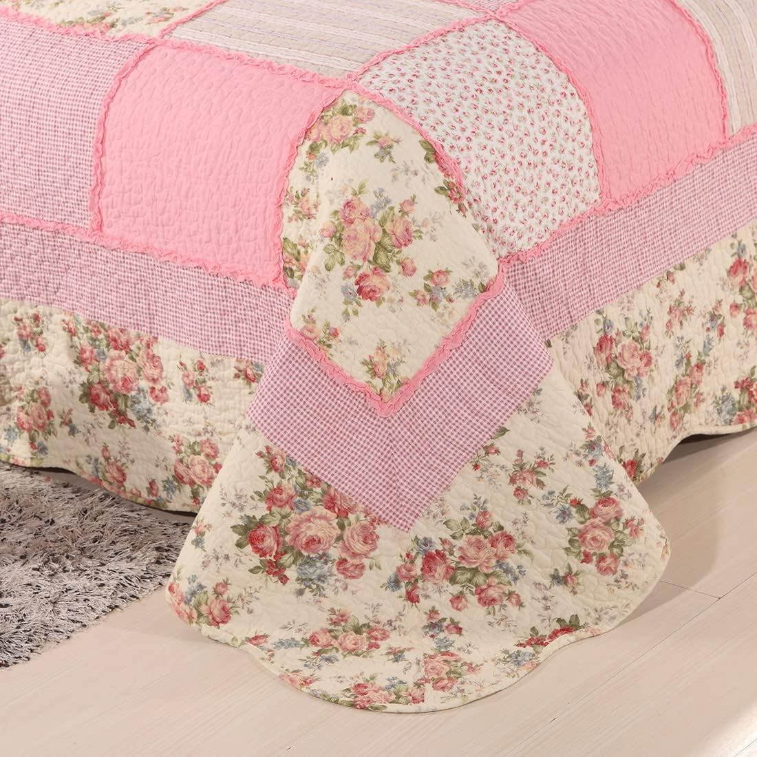 vctops 3 Piece Embroidered Floral Quilted Bedspread Quilt Set 100% Cotton Reversible Patchwork Coverlet Set 1 Quilt and 2 Pillow Shams (Green Queen)