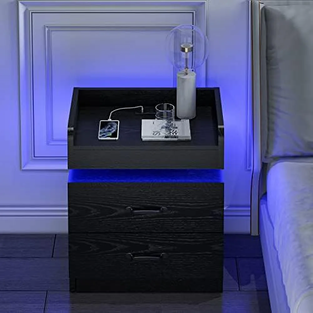 GEROBOOM LED Nightstand   Night Stands with Charging Station  White Nightstand with LED Light  Modern Nightstand with 2 Drawers  Night Stand with Large for Bedroom  Bedside Table for Livi