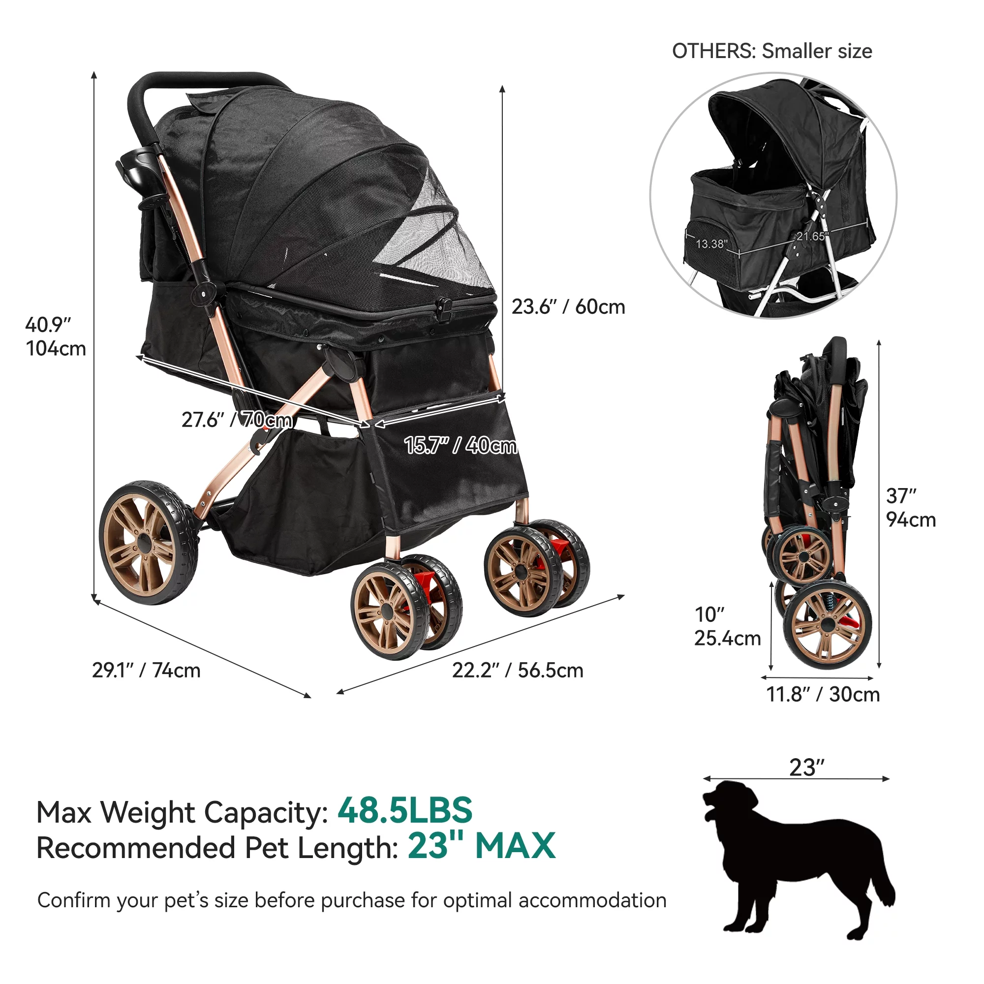Dextrus Dog Stroller for Medium Small Dogs, Upgraded Version with Larger Room, Foldable Pet Stroller with 360° Rotation Wheel, Cat Kitty Puppy Stroller with Storage Basket (Black)
