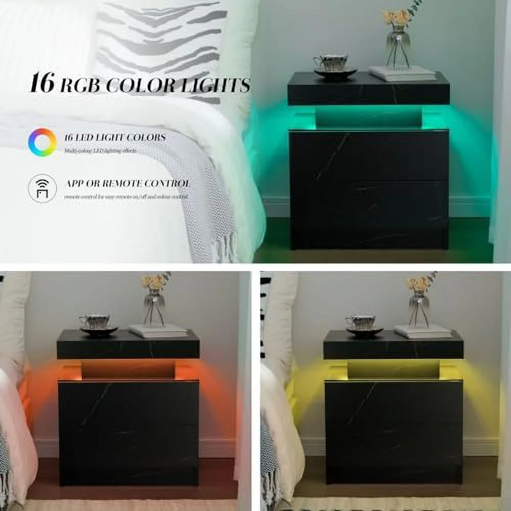 GEROBOOM LED Night Stand  Bedside Tables with 2 Drawers Modern LED End Side Tables Bedroom Nightstands